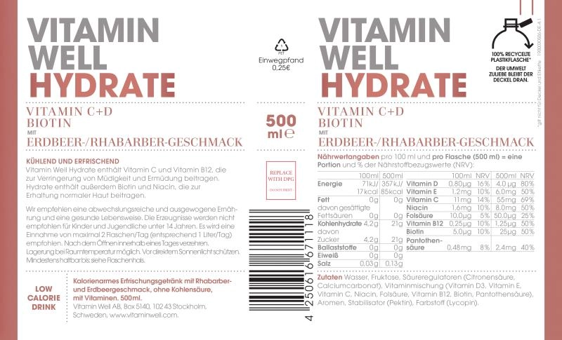 Vitamin Well Hydrate mit Erdbeer-Rhabarber-Geschmack (Einweg)