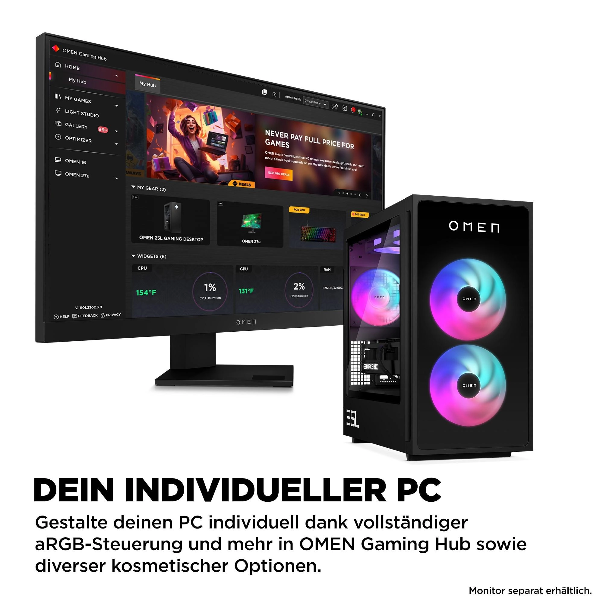 OMEN GT16-0674ng (B9EV2EA) Gaming PC schwarz, 32 GB RAM, 1000 GB SSD, nVidia GeForce RTX 5070 (12 GB), Windows 11, Wi-Fi 6E (802.11ax)