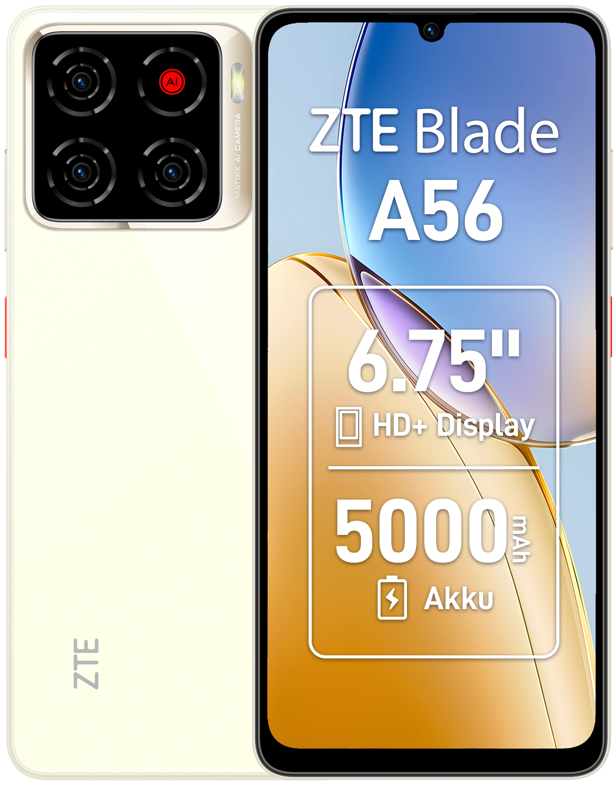 Blade A56 Smartphone gold, 64 GB Speicher, 4 GB RAM, 13 MP Kamera, 6,75 Zoll Display, 56,05 Std. Akku, LTE, Android
