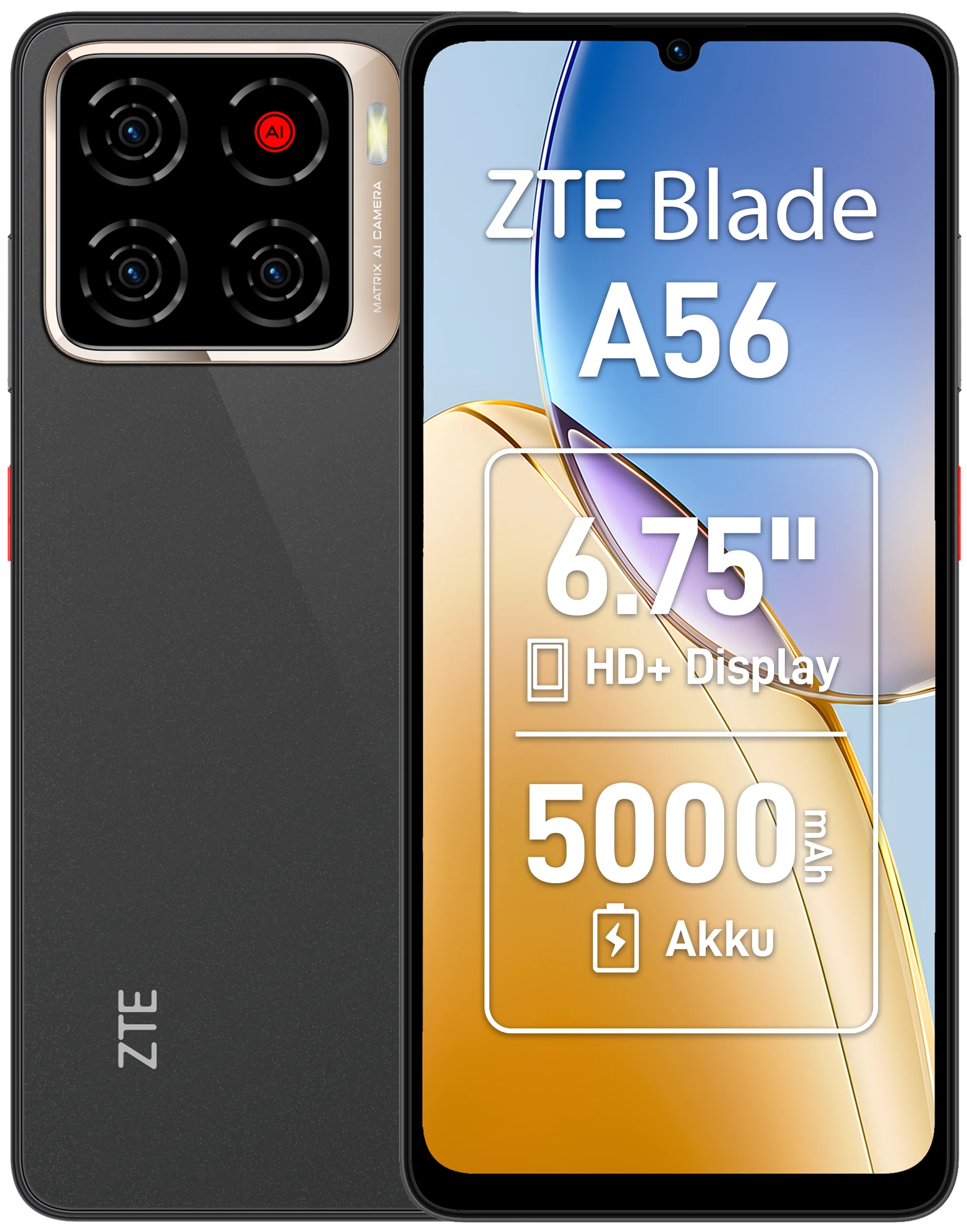 Blade A56 Smartphone schwarz, 64 GB Speicher, 4 GB RAM, 13 MP Kamera, 6,75 Zoll Display, 56,05 Std. Akku, LTE, Android