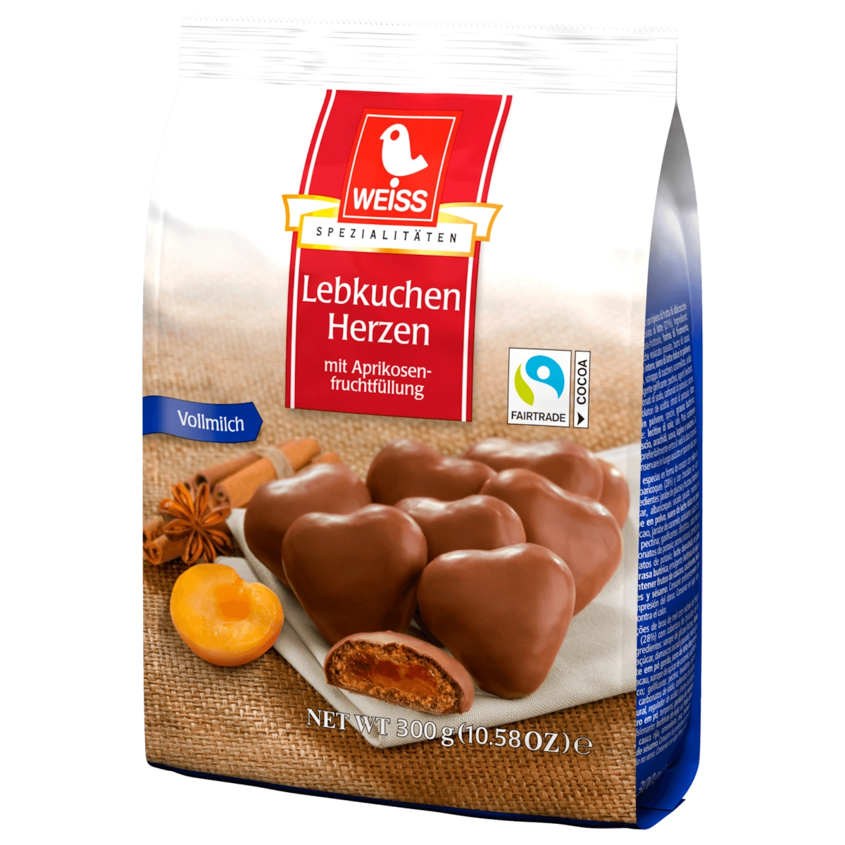 Weiss Lebkuchen Herzen mit Aprikosenfruchtfüllung Vollmilch 300g