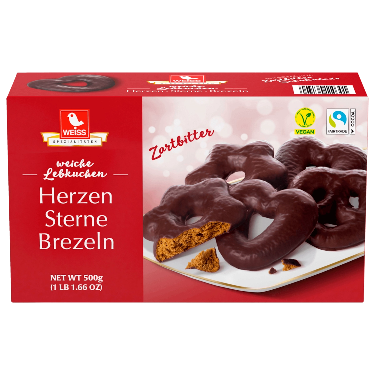 Weiss Lebkuchen Herzen Sterne Brezeln Zartbitter vegan 500g