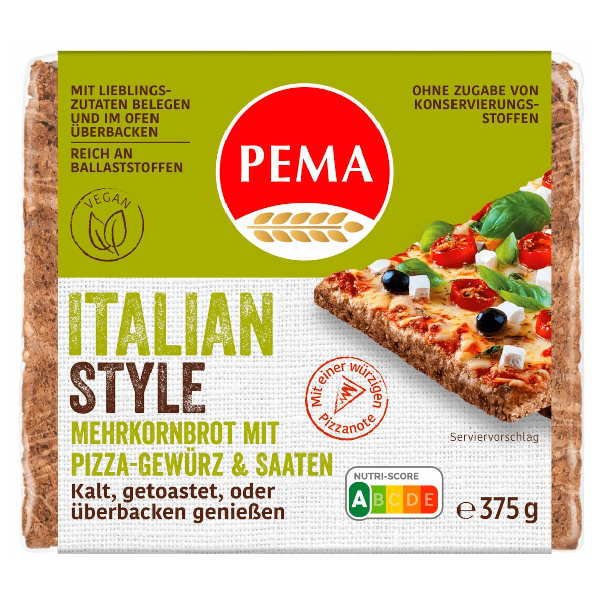 PEMA Mehrkornbrot Italien Style Pizza-Gewürz & Saaten Vegan 375g