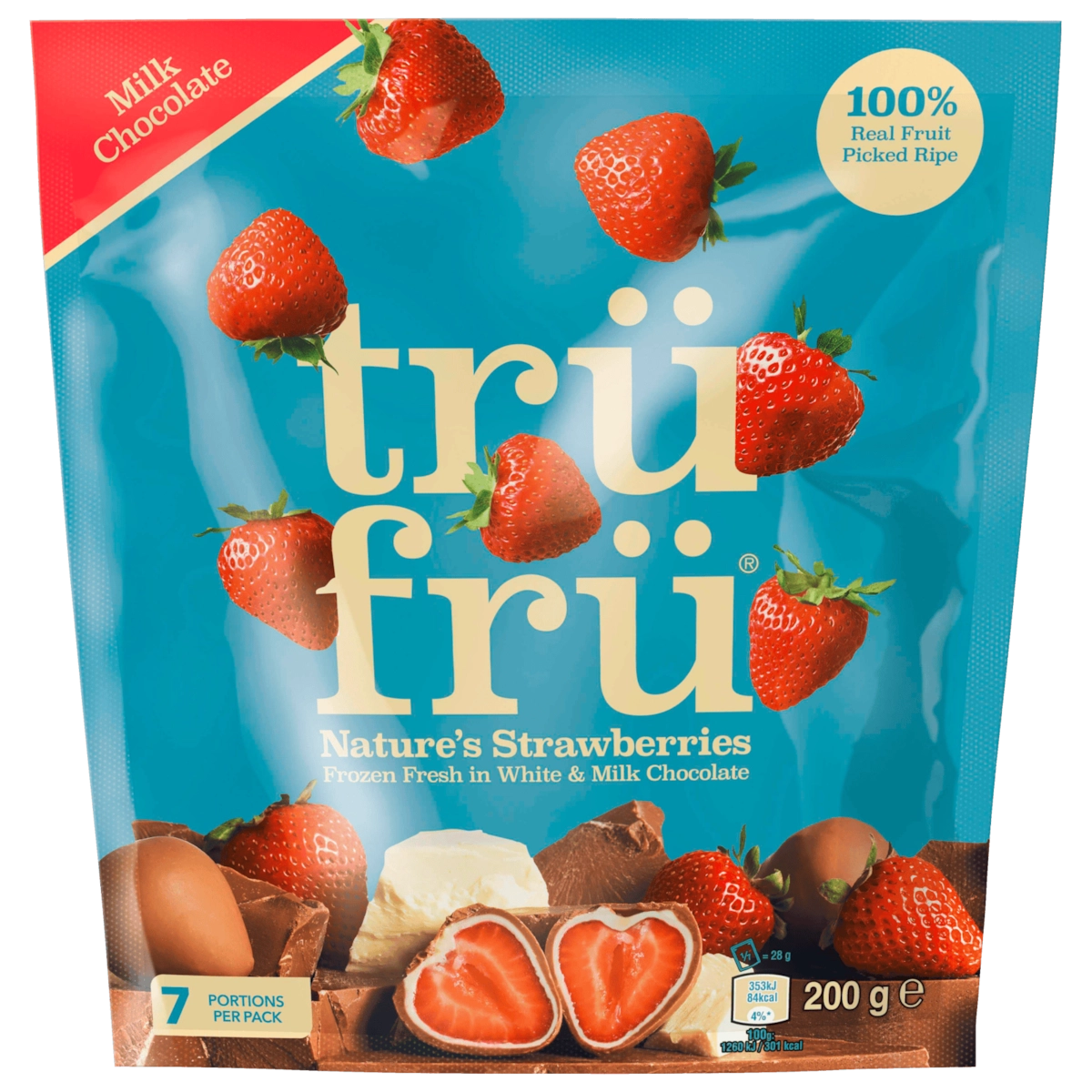 Trüfrü gefrorene Erdbeeeren in weißer und Vollmilchschokolade 200g