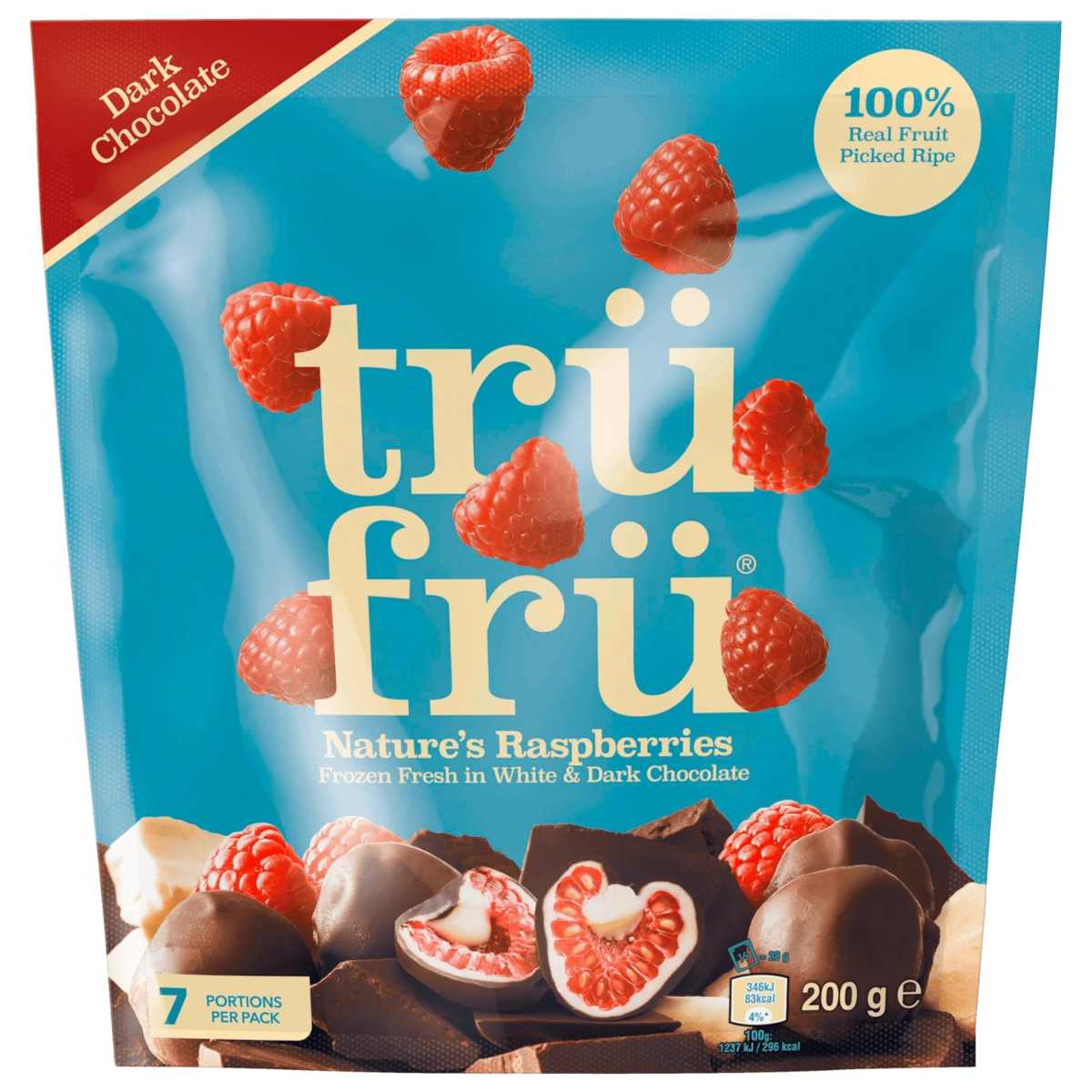 Trüfrü gefrorene Himbeeren in weißer und dunkler Schokolade 200g