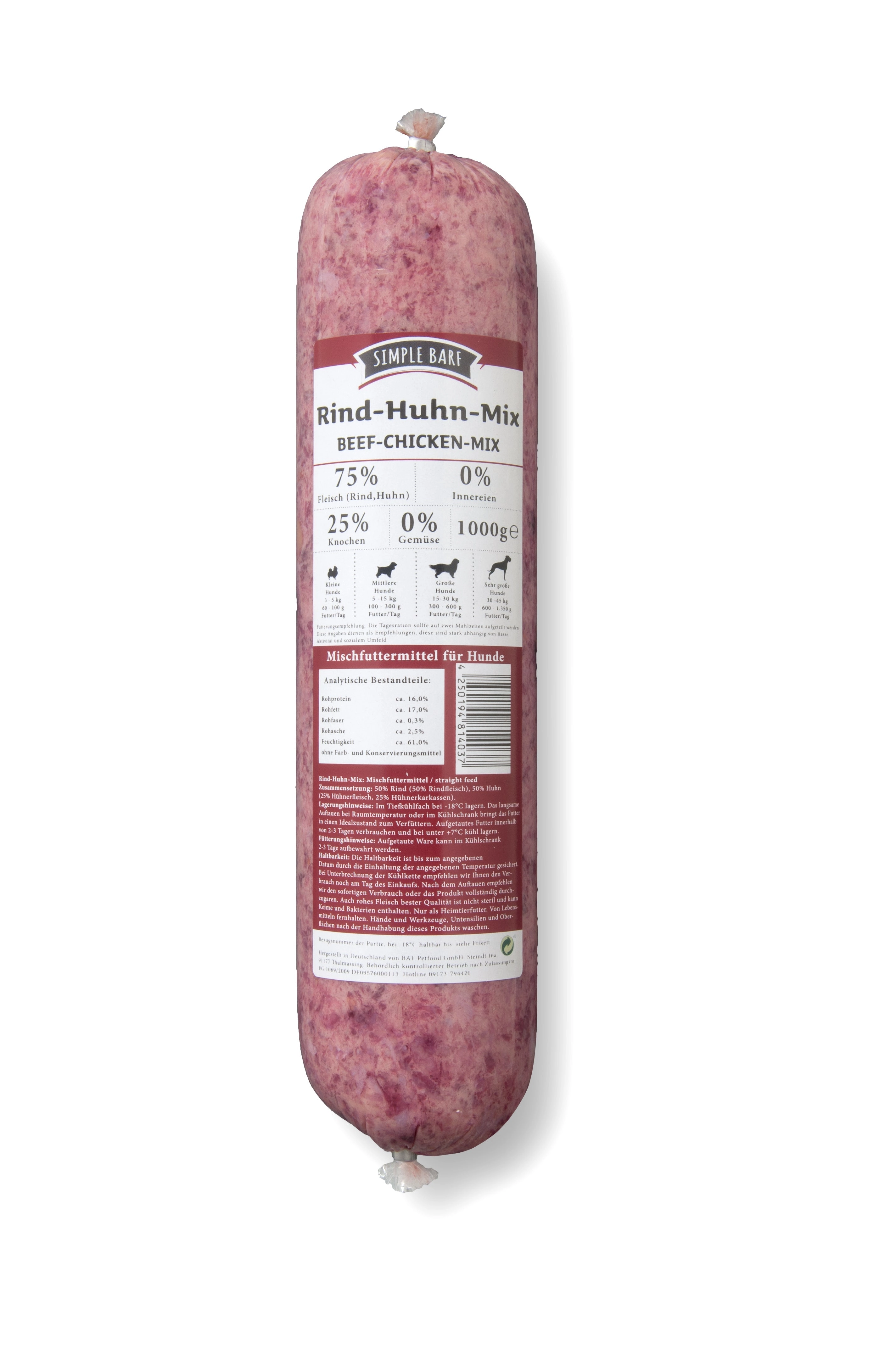 simple BARF | simple BARF Rind-Huhn-Mix 1000g | Ergänzungsfuttermittel für Hunde | Einfach auftauen - fertig ist die Mahlzeit  | haustierkost