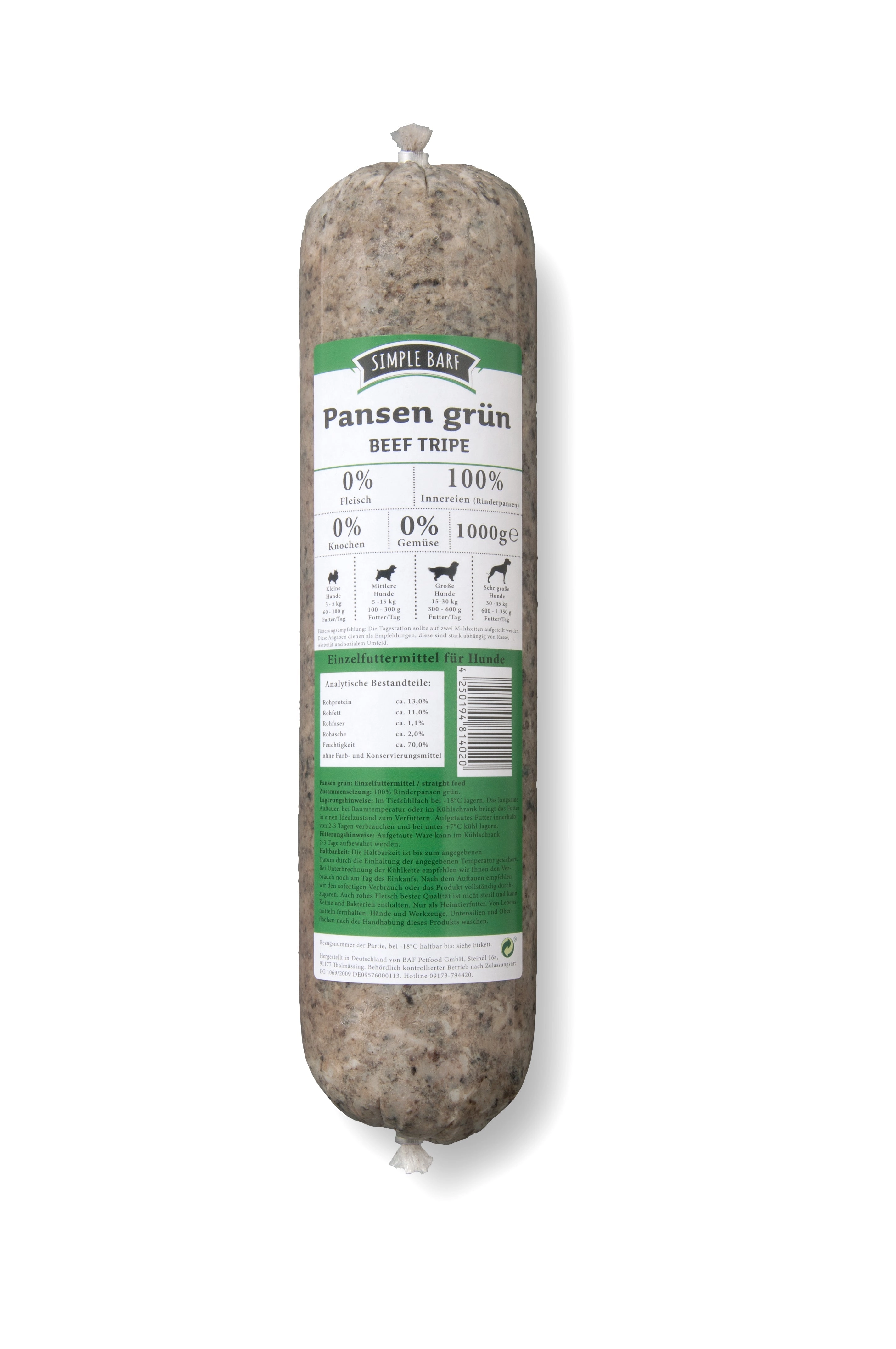 simple BARF | simple BARF Pansen grün 1000g | Ergänzungsfuttermittel für Hunde | Einfach auftauen - fertig ist die Mahlzeit  | haustierkost