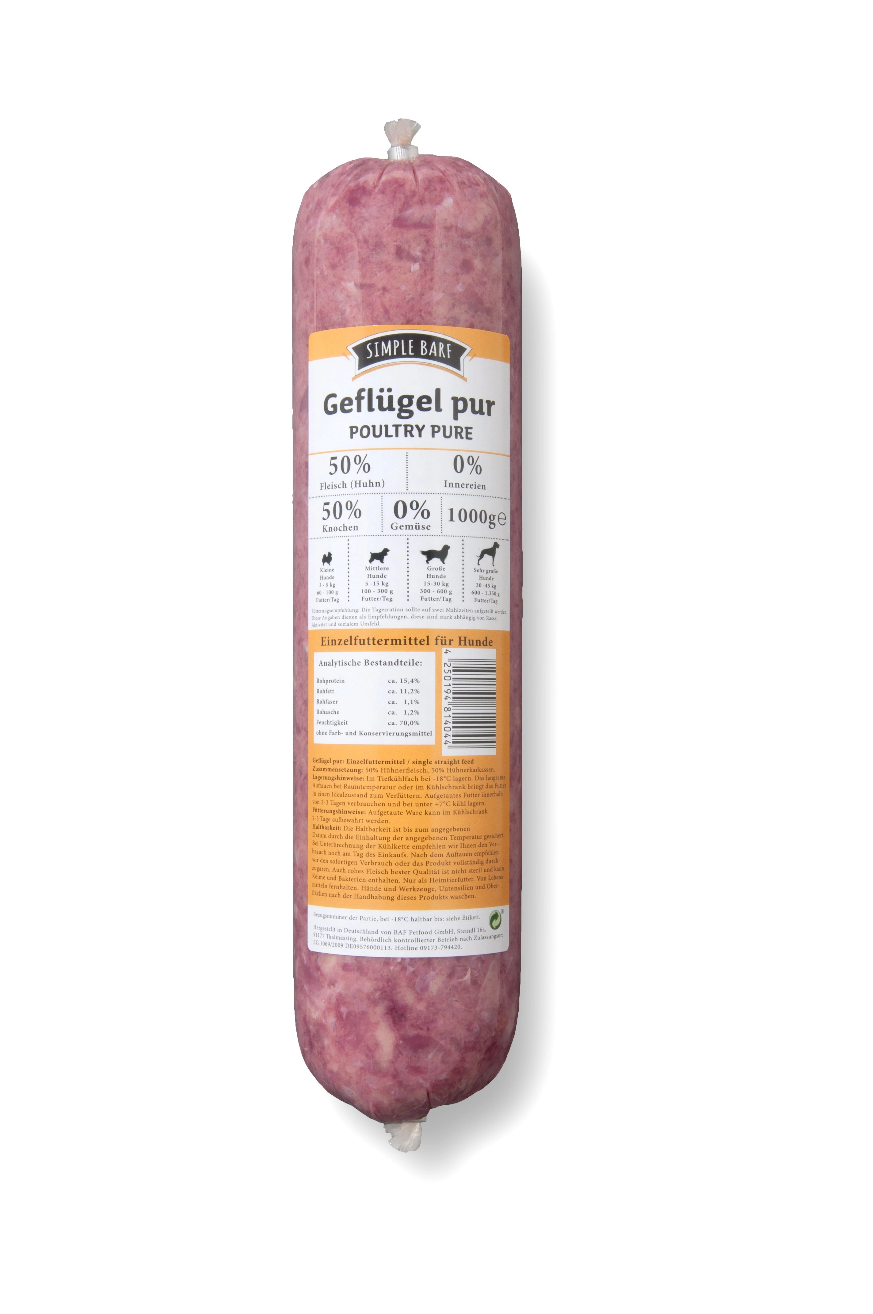 simple BARF | simple BARF Geflügel Pur 1000g | Ergänzungsfuttermittel für Hunde | Einfach auftauen - fertig ist die Mahlzeit  | haustierkost