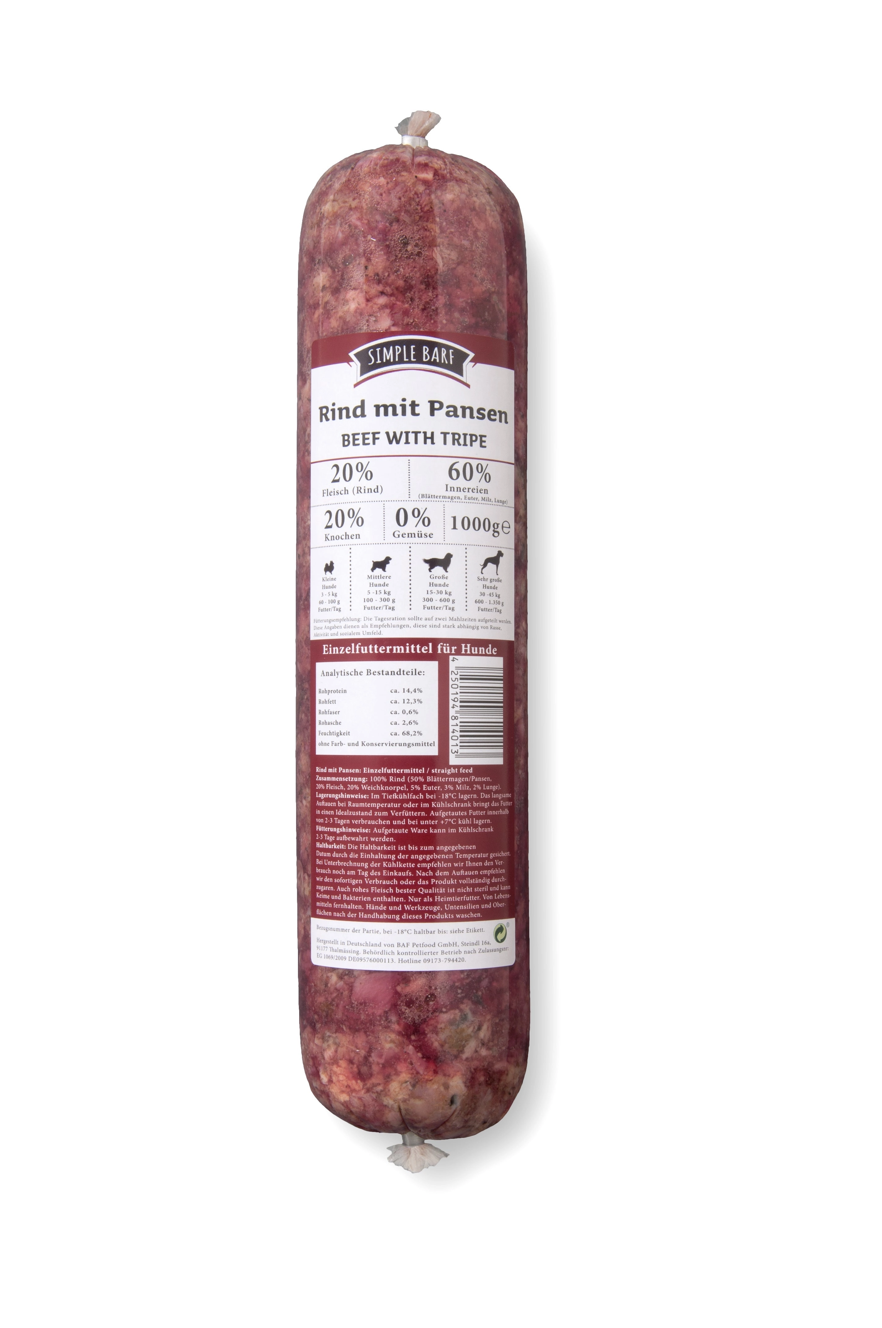 simple BARF | simple BARF Rind mit Pansen 1000g | Ergänzungsfuttermittel für Hunde | reich an Eisen, Zink und Vitamin B12 | 100% natürlich | haustierkost