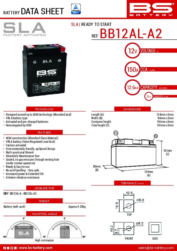 Batterie SLA BS Battery BB12AL-A2 12V - 12,6Ah