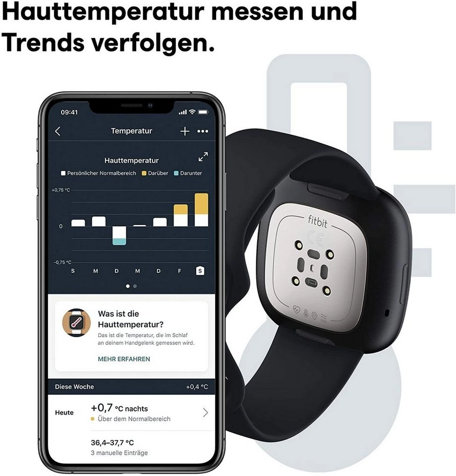 FitBit Sense | Edelstahl Gehäuse Graphit, Silikonband Schwarz, Carbon Gr. S-L | Bluetooth 5.0, Wi-Fi,  GPS, NFC, Touchscreen | EKG-App | Hauttemperatur 