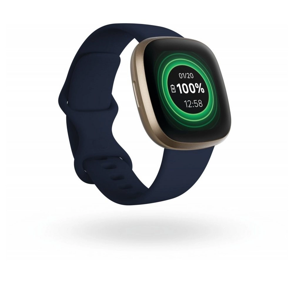 FitBit Versa 3 | Gehäuse gold, Silikonband blau, Gr. S-L | WiFi, NFC, Bluetooth, Touch, WLAN, GPS | AMOLED | 7-Tage Memory | Alexa | google Assistant