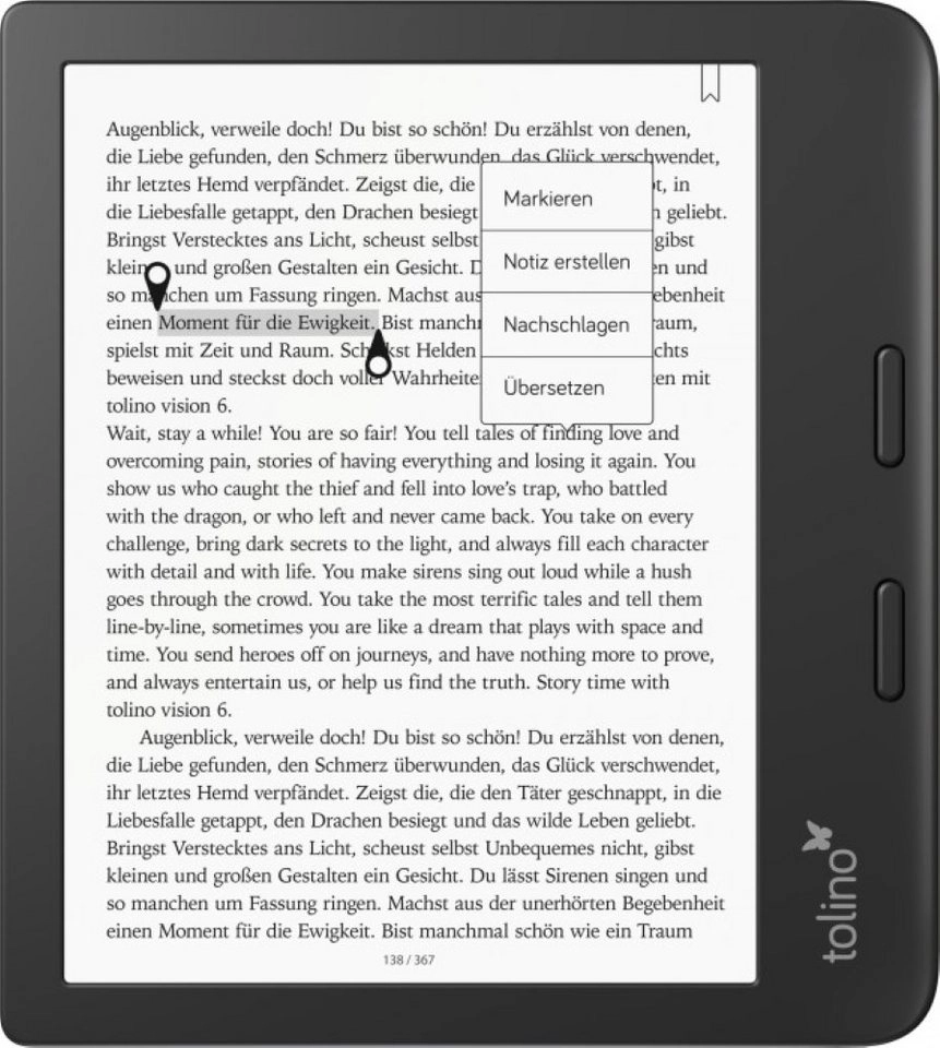 tolino vision 6 eBook-Reader 7 Zoll eReader mit E Ink Carta 1200 Display, smartLight, Wasserschutz und Blättertasten