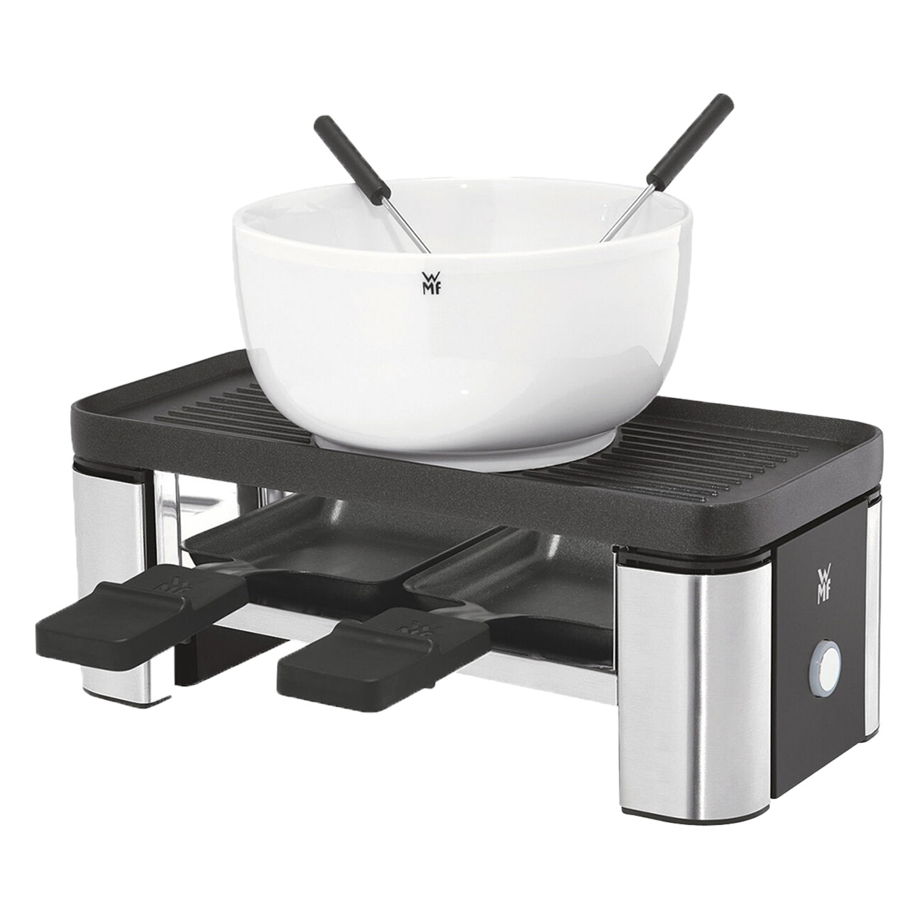 WMF Küchenminis Raclette 2 Personen, Grill, 3 Pfännchen, Schieber und Keramikschüssel für Schokoladenfondue, 370 W, edelstahl matt