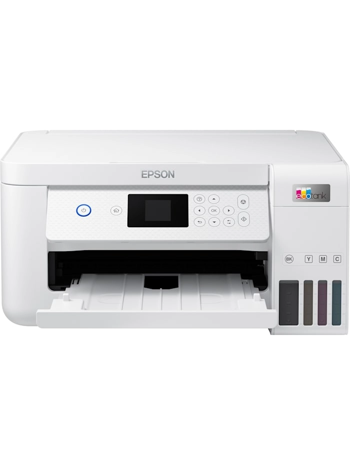 EcoTank ET-2856|Multifunktionsdrucker|Farbe|Tintenstrahl|nachfüllbar|A4 (Medien)|bis zu 10 Seiten/Min. (Drucken)|100 Blatt|USB, Wi-Fi|Weiss