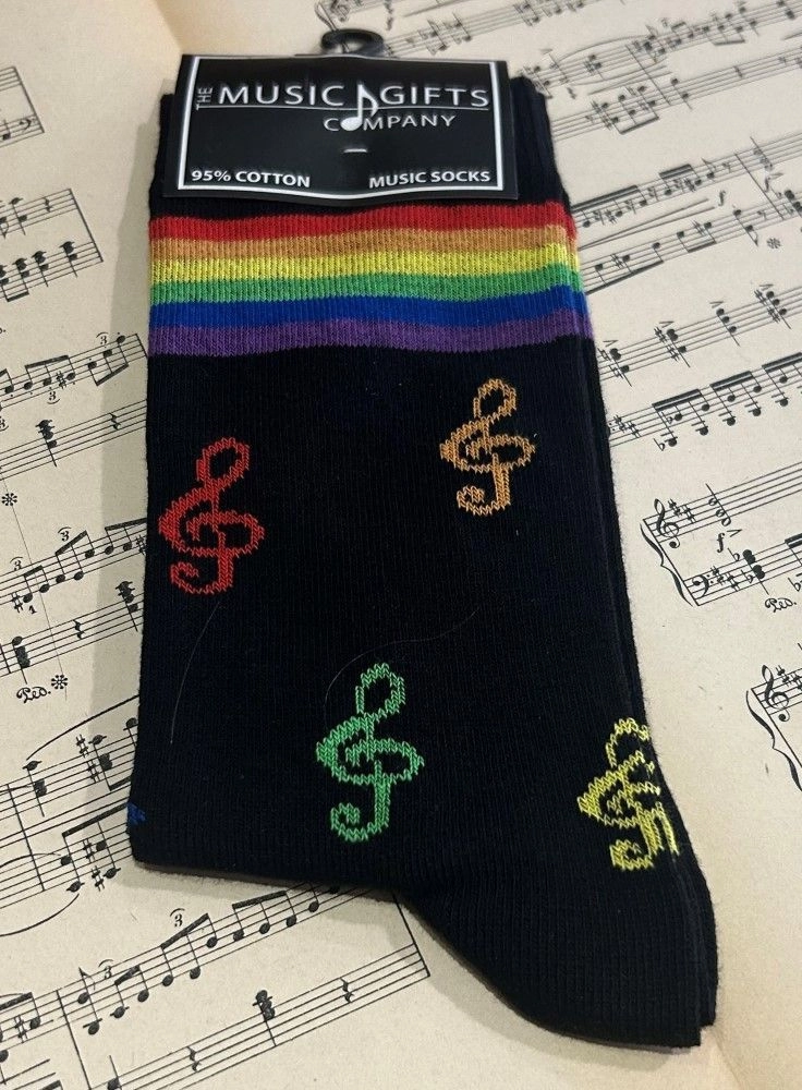 Socken schwarz mit bunten Notenschlüsseln, Größe 40-45 Geschenke für Musiker