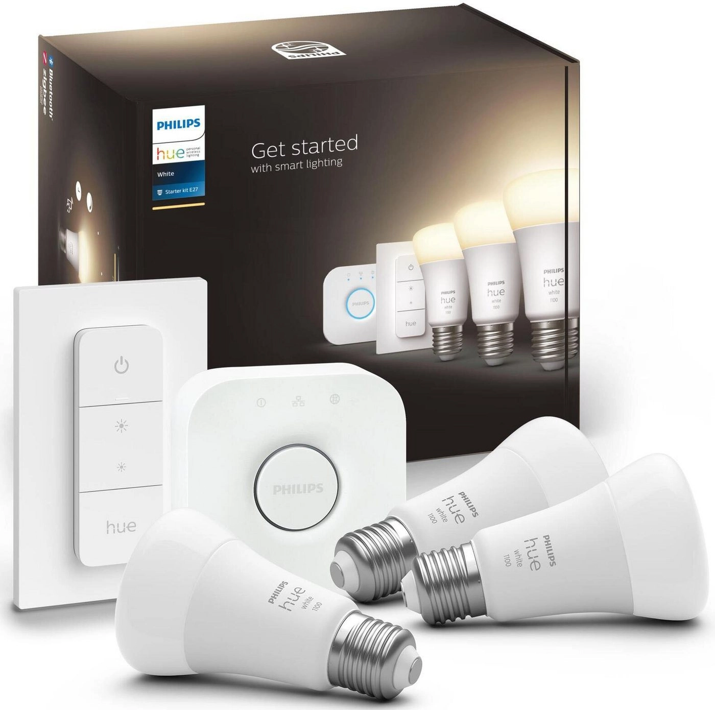 Philips Hue White Starter-Kit|E27|Set für intelligente Beleuchtung|Weiß|Bluetooth|LED|E27|Warmweiß