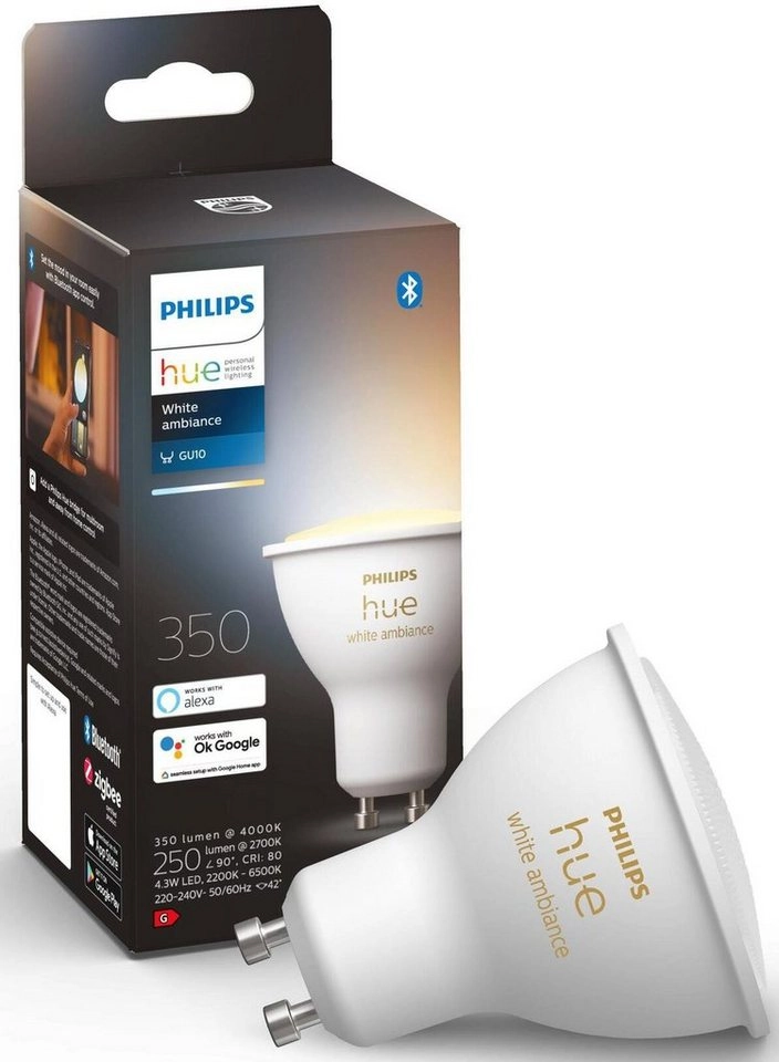 Philips Hue White ambience Einzelpack GU10|Intelligente Glühbirne|Weiß|Bluetooth/Zigbee|LED|GU10|Kühles Tageslicht