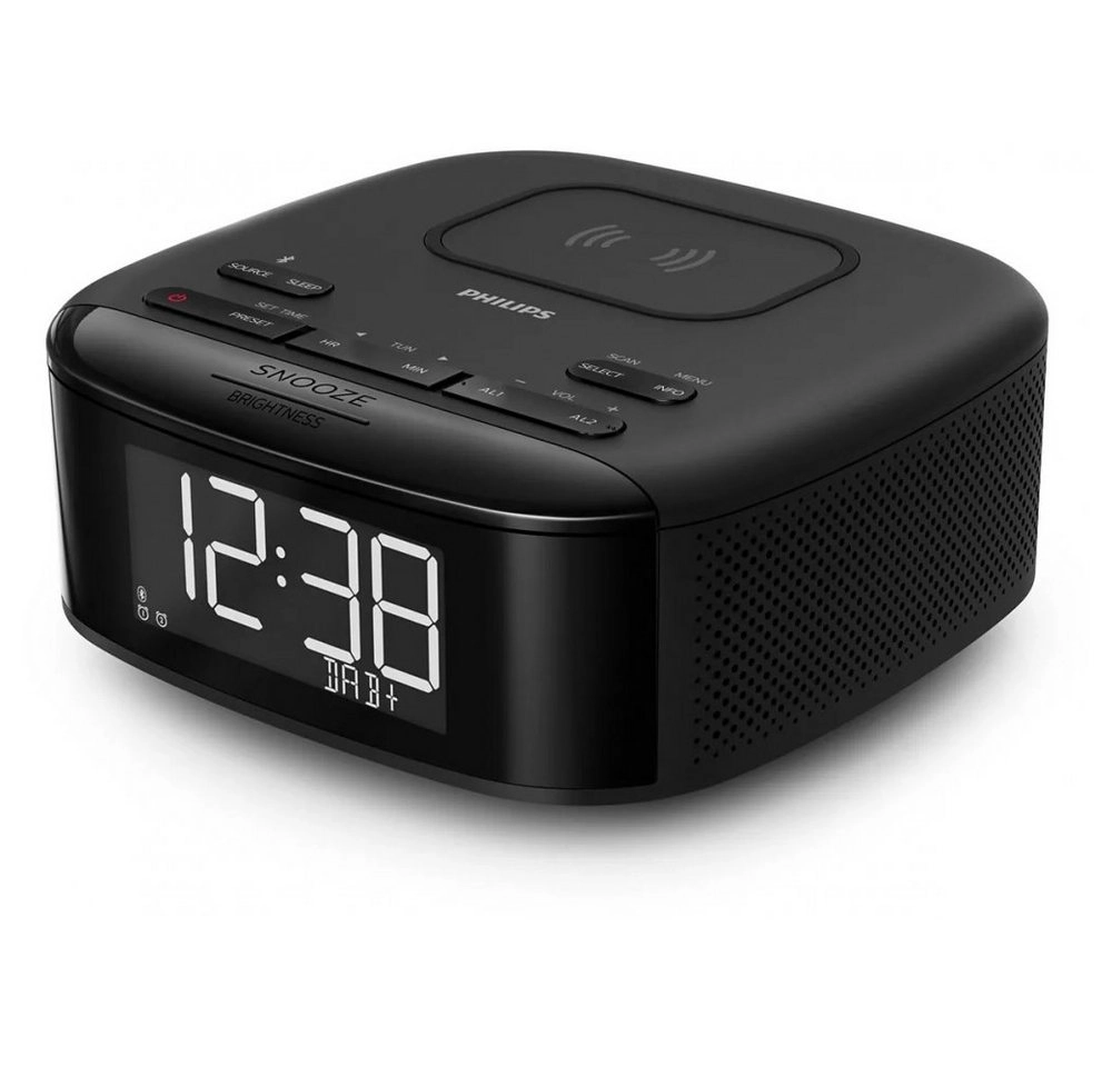 Philips TAR7705/10 | Radiouhr | Wecker | DAB+ | Sleep-Timer | Automatische Zeitsynchronisierung |  Wireless Phone Charging | Zwei Alarme | Schwarz