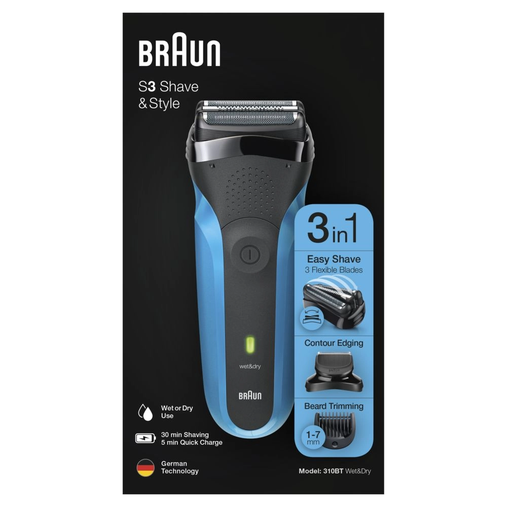 Braun Series 3 - 310BT | Rasierer | Glatte Rasur mit 3 flexiblen Klingen | Für Trocken- und Nassrasur | Barttrimmer mit 5 Kammaufsätzen | 100% wasserdicht und abwaschbar