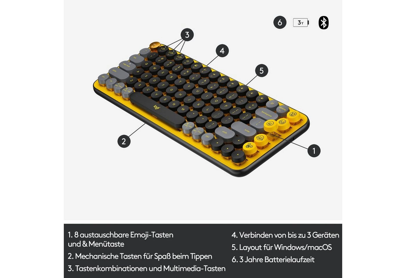 Logitech POP Keys | Tastatur | Das Erlebnis einer mechanischen Tastatur | FN-Kurzbefehle | Mit drei Geräten auf einmal verbinden | Kompakt und komfortabel | Schwarz