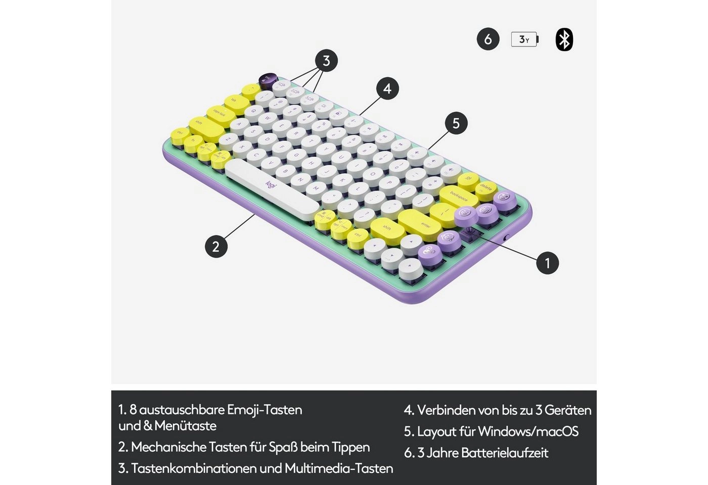 Logitech POP Keys | Tastatur | Das Erlebnis einer mechanischen Tastatur | FN-Kurzbefehle | Mit drei Geräten auf einmal verbinden | Kompakt und komfortabel | Lila