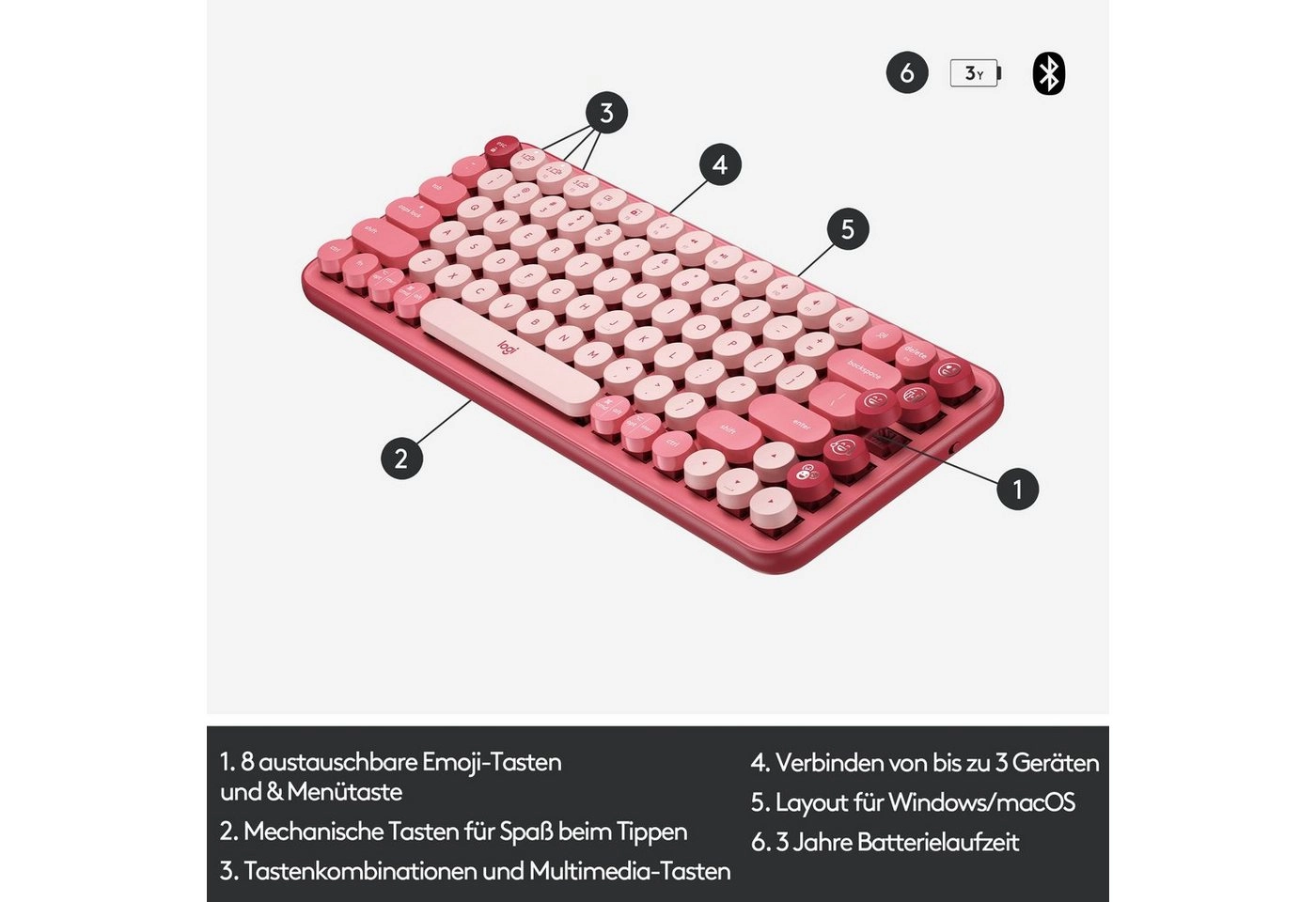 Logitech POP Keys | Tastatur | Das Erlebnis einer mechanischen Tastatur | FN-Kurzbefehle | Mit drei Geräten auf einmal verbinden | Kompakt und komfortabel | Koralle