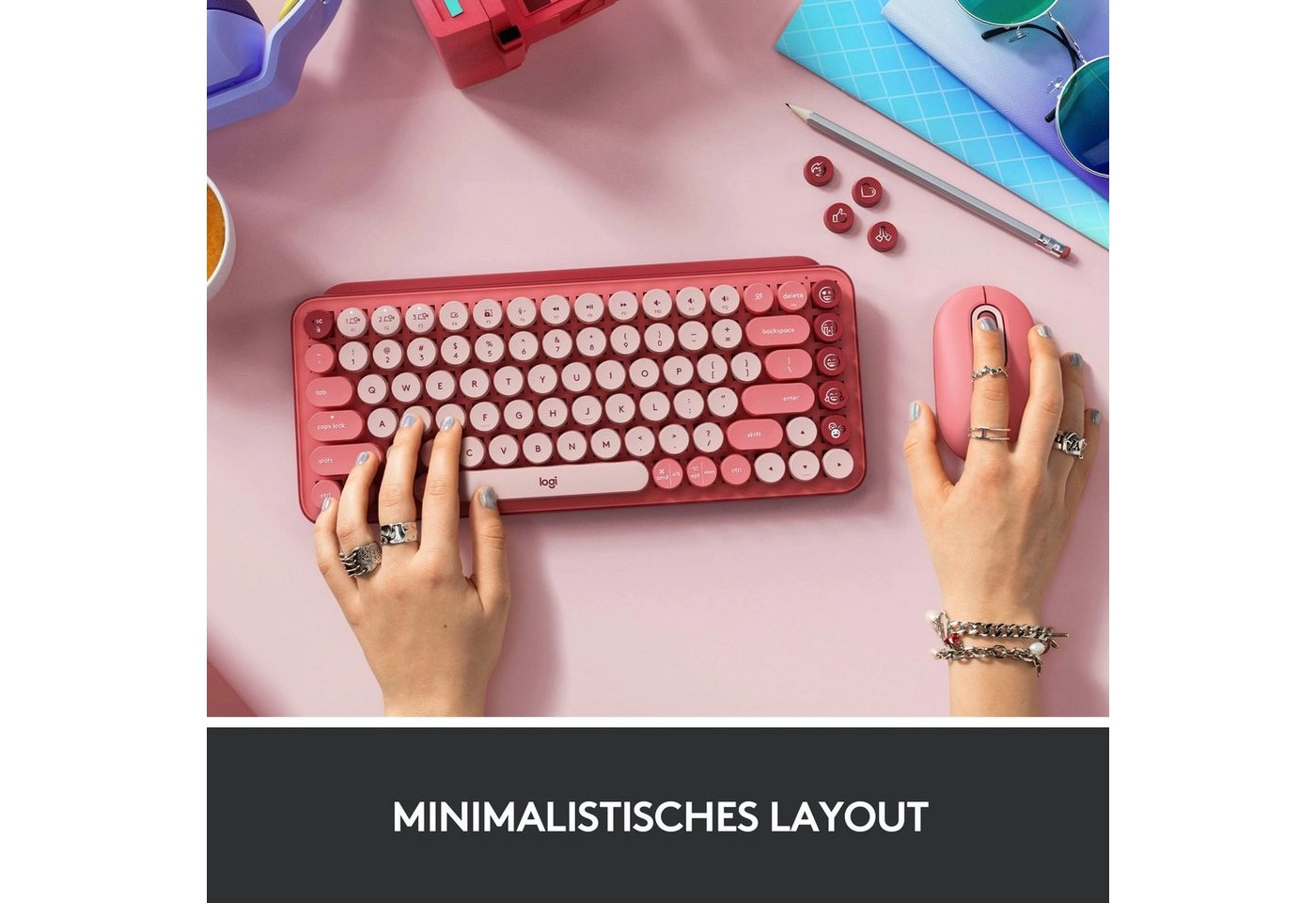 Logitech POP Keys | Tastatur | Das Erlebnis einer mechanischen Tastatur | FN-Kurzbefehle | Mit drei Geräten auf einmal verbinden | Kompakt und komfortabel | Koralle