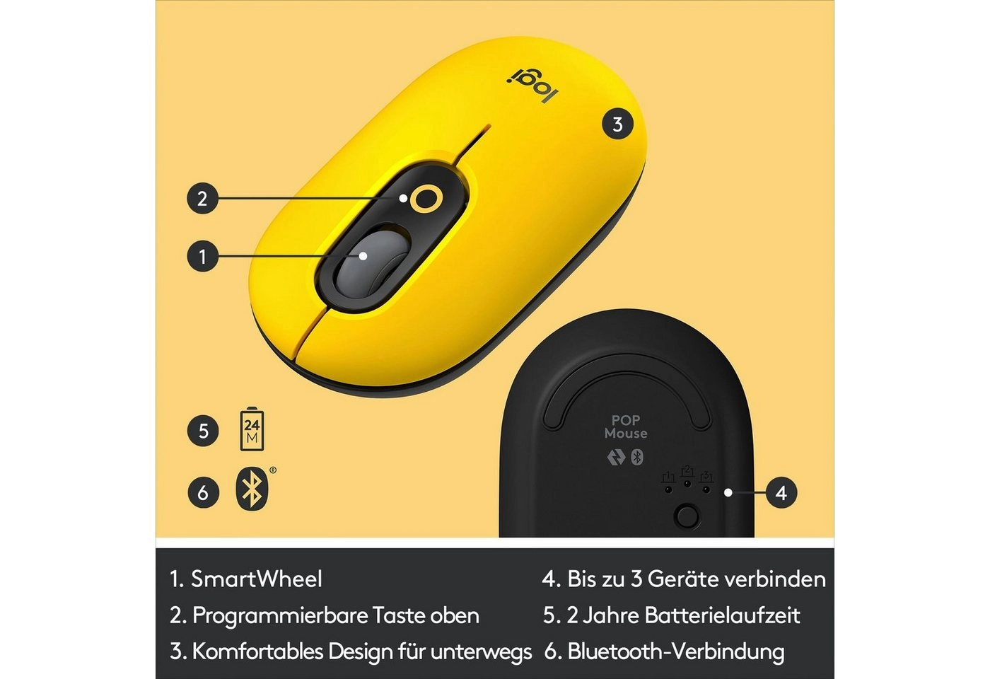 Logitech POP Mouse | Bluetooth Maus | 4 Tasten | Kabellos | 4000 DPI Auflösung | Bis zu 24 Monate Betriebszeit | Bis zu 10 Meter Betriebsabstand | Schwarz / Gelb 