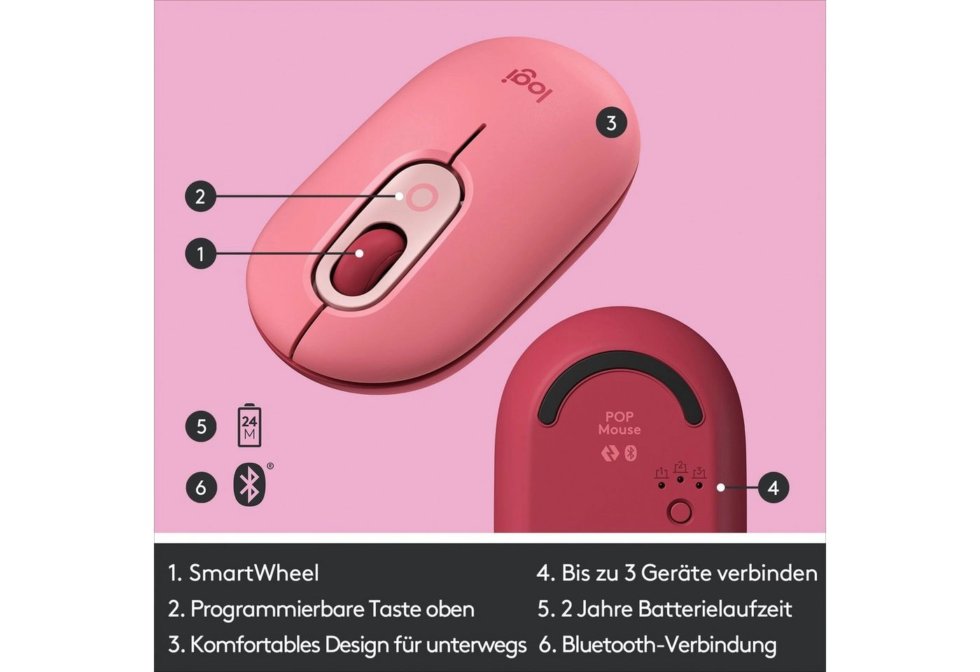 Logitech POP Mouse | Bluetooth Maus | 4 Tasten | Kabellos | 4000 DPI Auflösung | Bis zu 24 Monate Betriebszeit | Bis zu 10 Meter Betriebsabstand | Koralle