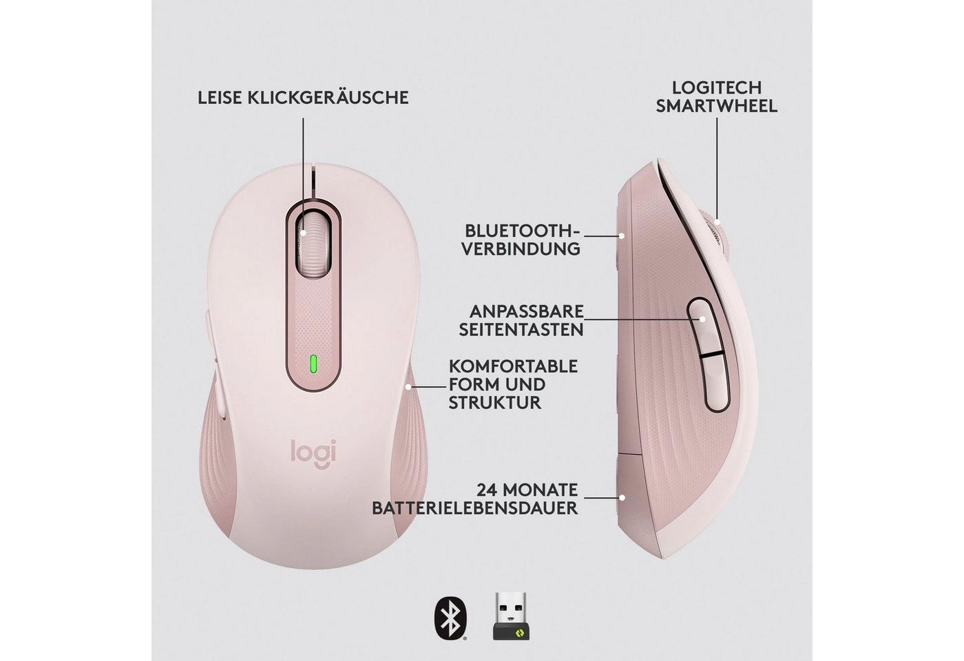 Logitech Signature M650 L | Bluetooth Maus | SmartWheel-Bildlauf | Anpassbare Seitentasten | Bis zu 24 Monate Batterielaufzeit | Kabellose Maus | Rose