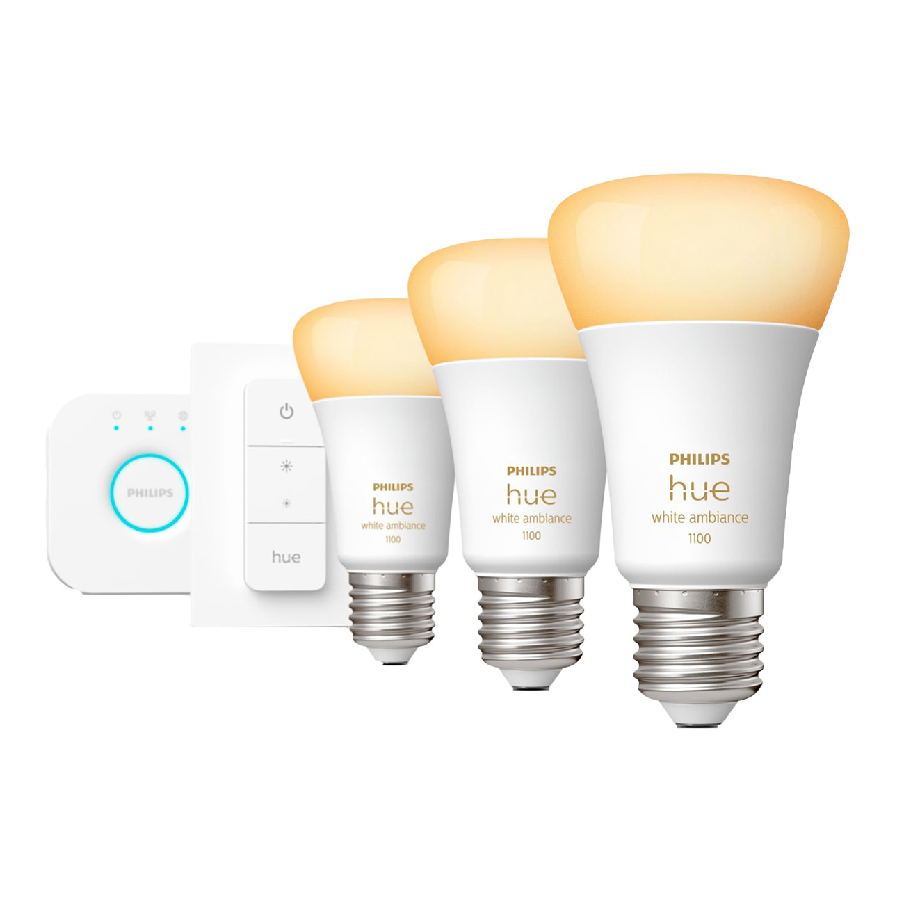 Philips Hue White ambience Starter-Kit E27 | 1100 lm | Farmtemperatur: 2200-6500k + 16 mio. Farben | Sockel: E27 | 25000 Std. Nennlebensdauer | Huebridge