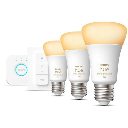 Philips Hue White ambience Starter-Kit E27 | 1100 lm | Farmtemperatur: 2200-6500k + 16 mio. Farben | Sockel: E27 | 25000 Std. Nennlebensdauer | Huebridge