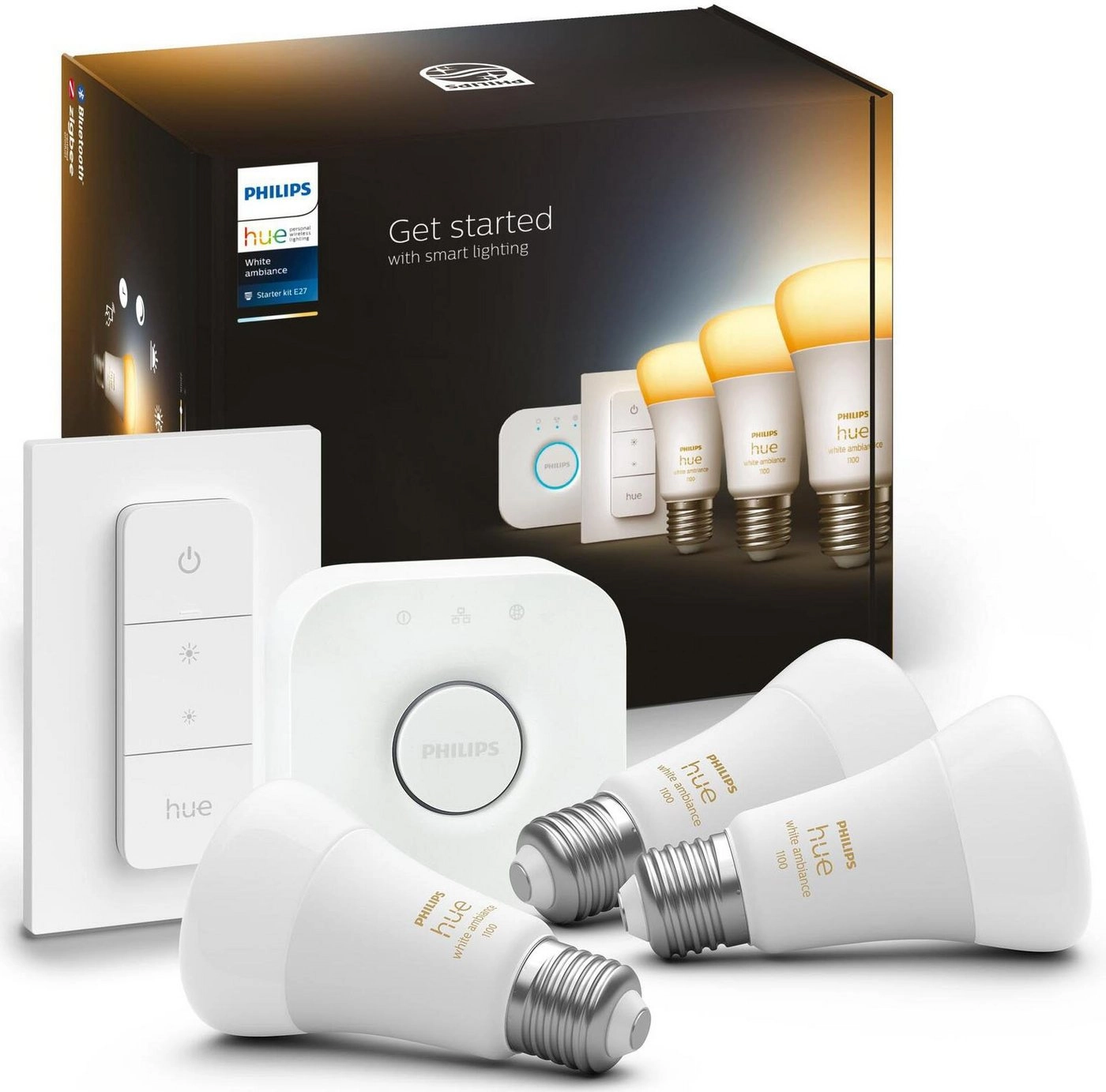 Philips Hue White ambience Starter-Kit E27 | 1100 lm | Farmtemperatur: 2200-6500k + 16 mio. Farben | Sockel: E27 | 25000 Std. Nennlebensdauer | Huebridge