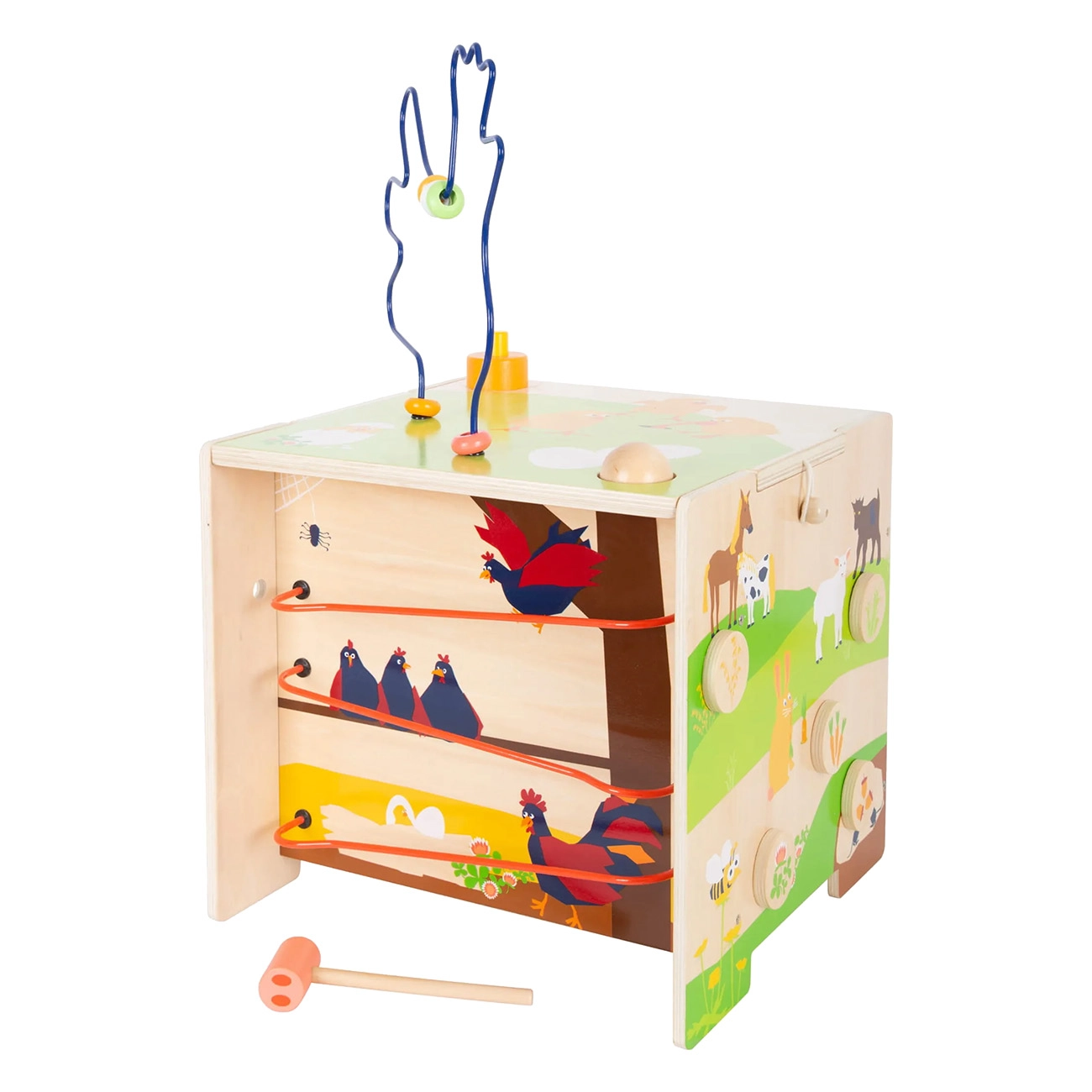 Smallfoot Motorikwürfel Landleben | Motorikwürfel | Material: Metall, Stoff, Holz | Steckspiel, Farbsortierspiel und Schiebelabyrinth | Quietischhupe