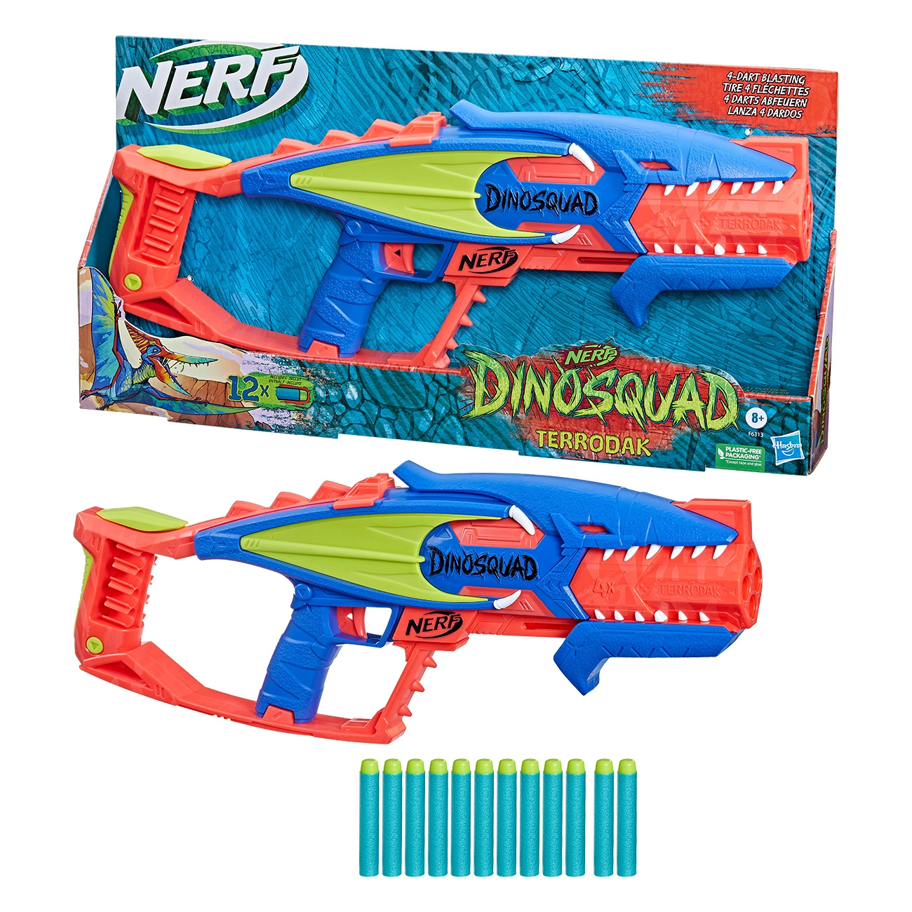 Nerf DinoSquad Terrodak Mehrfarbig | Spielzeugblaster | 12 Dart Schaumpfeile | Darthalter | Pumpenschleuder