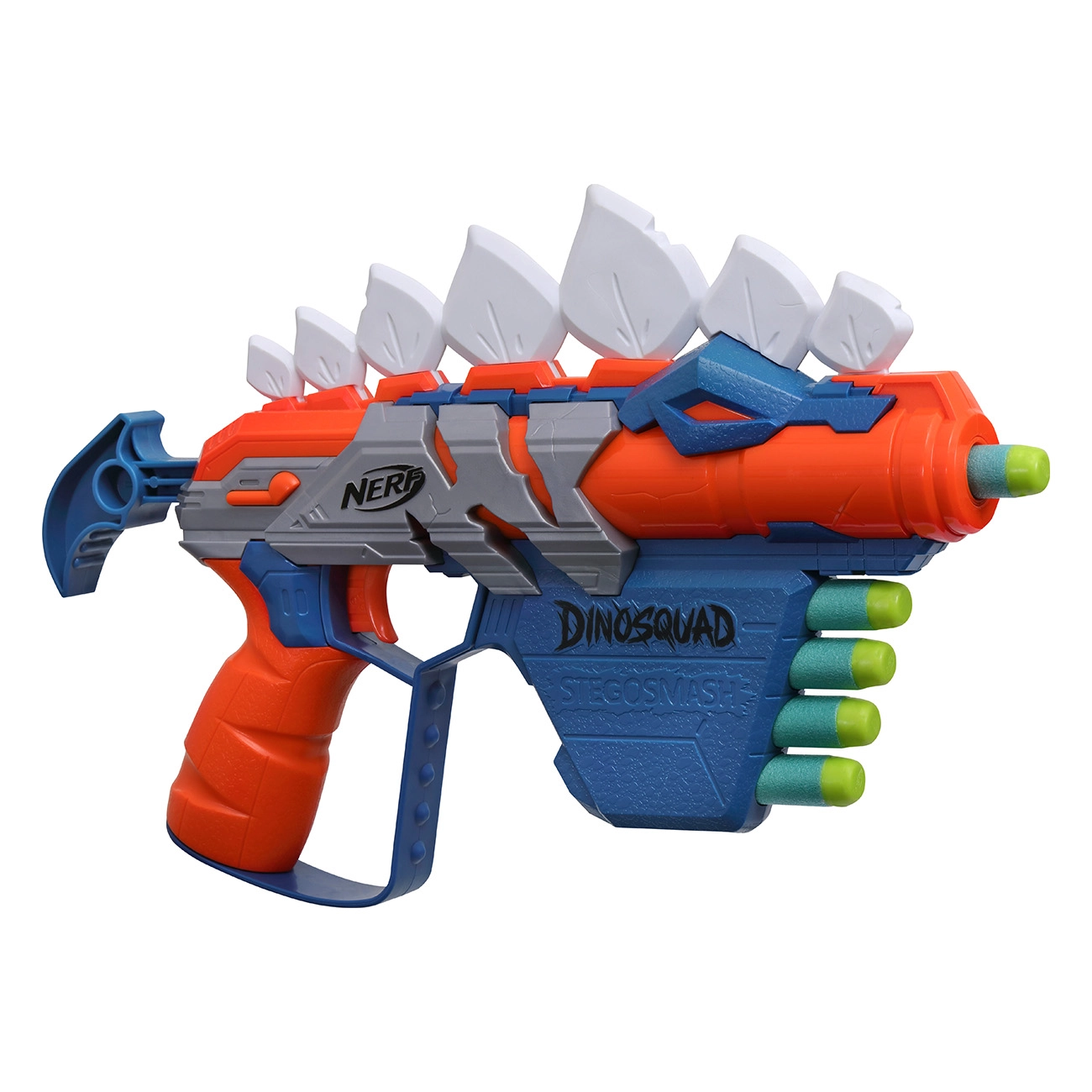 Nerf DinoSquad Stego-Smash | Blaster | Dinosaurier-Design | 5 Nerf Elite Schaumstoff-Darts | Dart-Aufbewahrung für 4 Darts | 27 Meter Reichweite