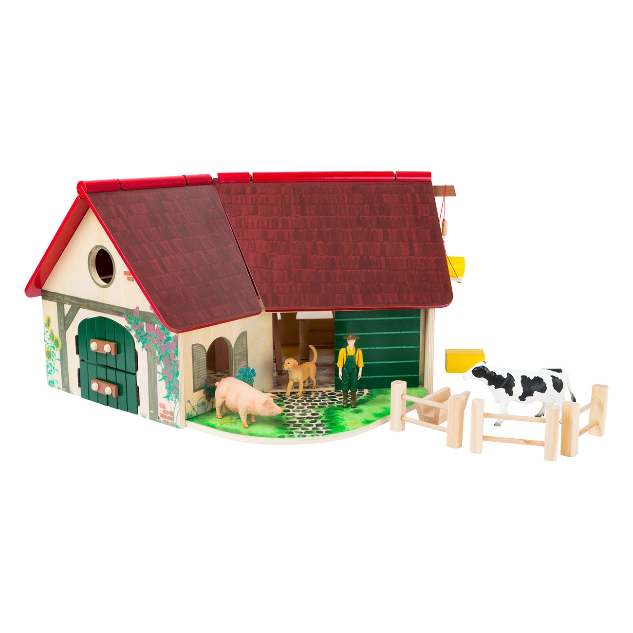 Small Foot Woodfriends Bauernhof 11005 | FSC 100% | aufklappbares Dach | Stall-Boxen | Flaschenzug | integrierte Magnete | detailgetreu gestaltet