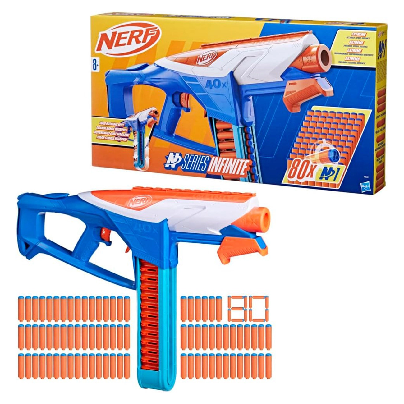 Hasbro NERF N SERIES INFINITE | F8631EU4 | Blaster | 80 N1 Darts | 40-Dart-Gurtmagazin | EXTRA 16-Dart-Aufbewahrungsraum | ab 8 Jahren | Mädchen & Jungen | Schaumstoffpfeile