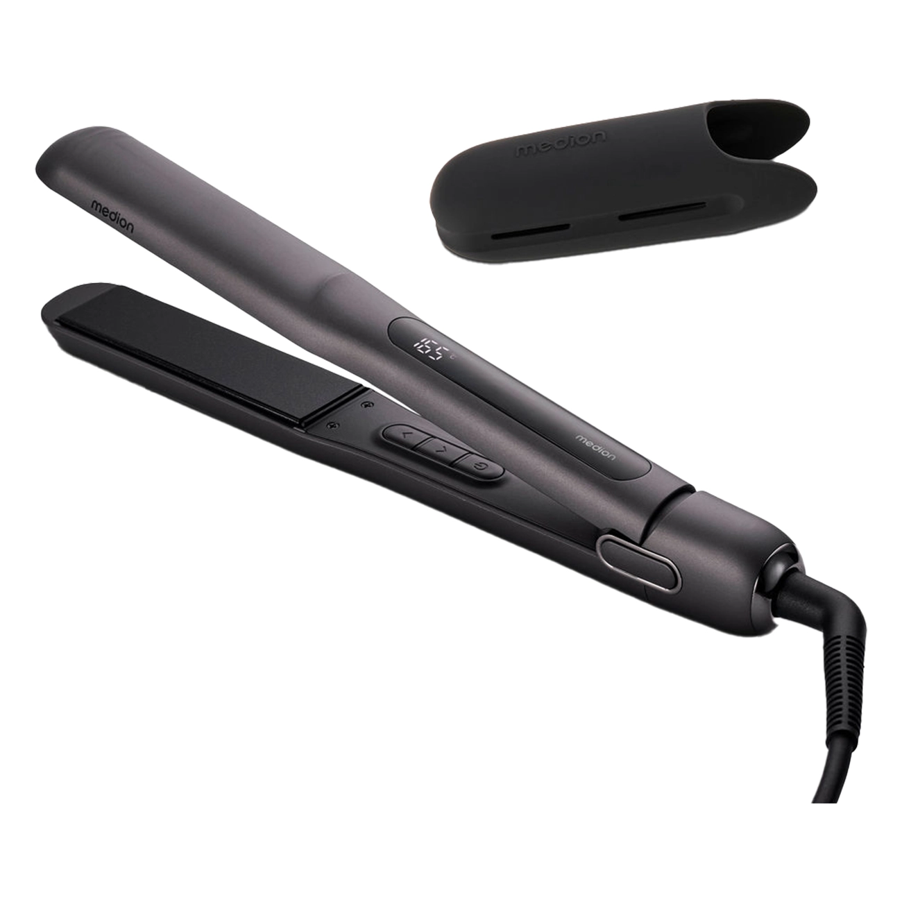 Medion LIFE HS1 schwarz | Glätteisen | Keramik-Turmalin-Stylingplatten mit Temperatursensor | 5 Hitzestufen | In nur 60 Sek. auf 210° | Display