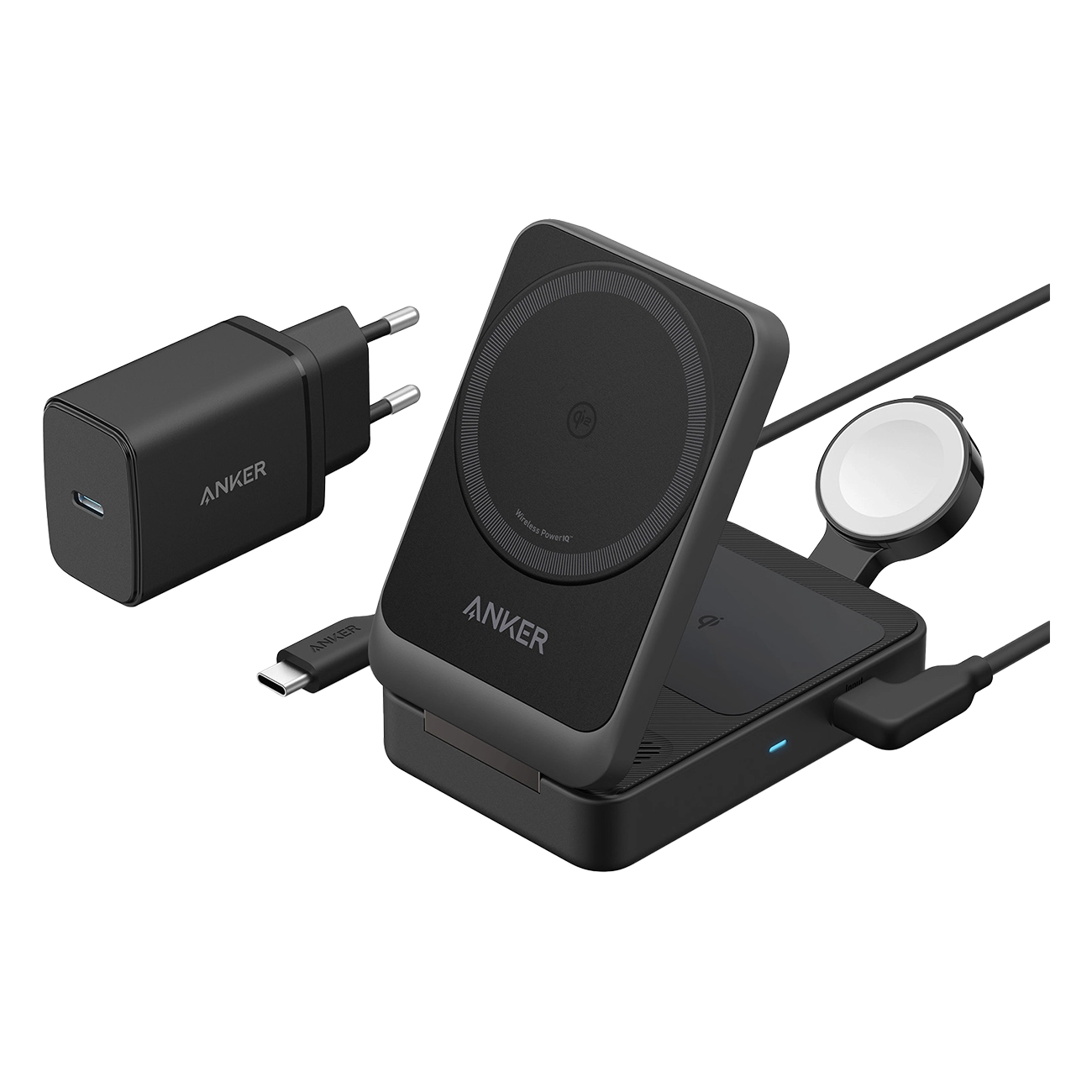 Anker MagGo 3-in-1 schwarz | Ladestation | kabelloses Aufladen | Qi2-Technologie | 15W Ladepower | faltbar | kompatibel mit Apple