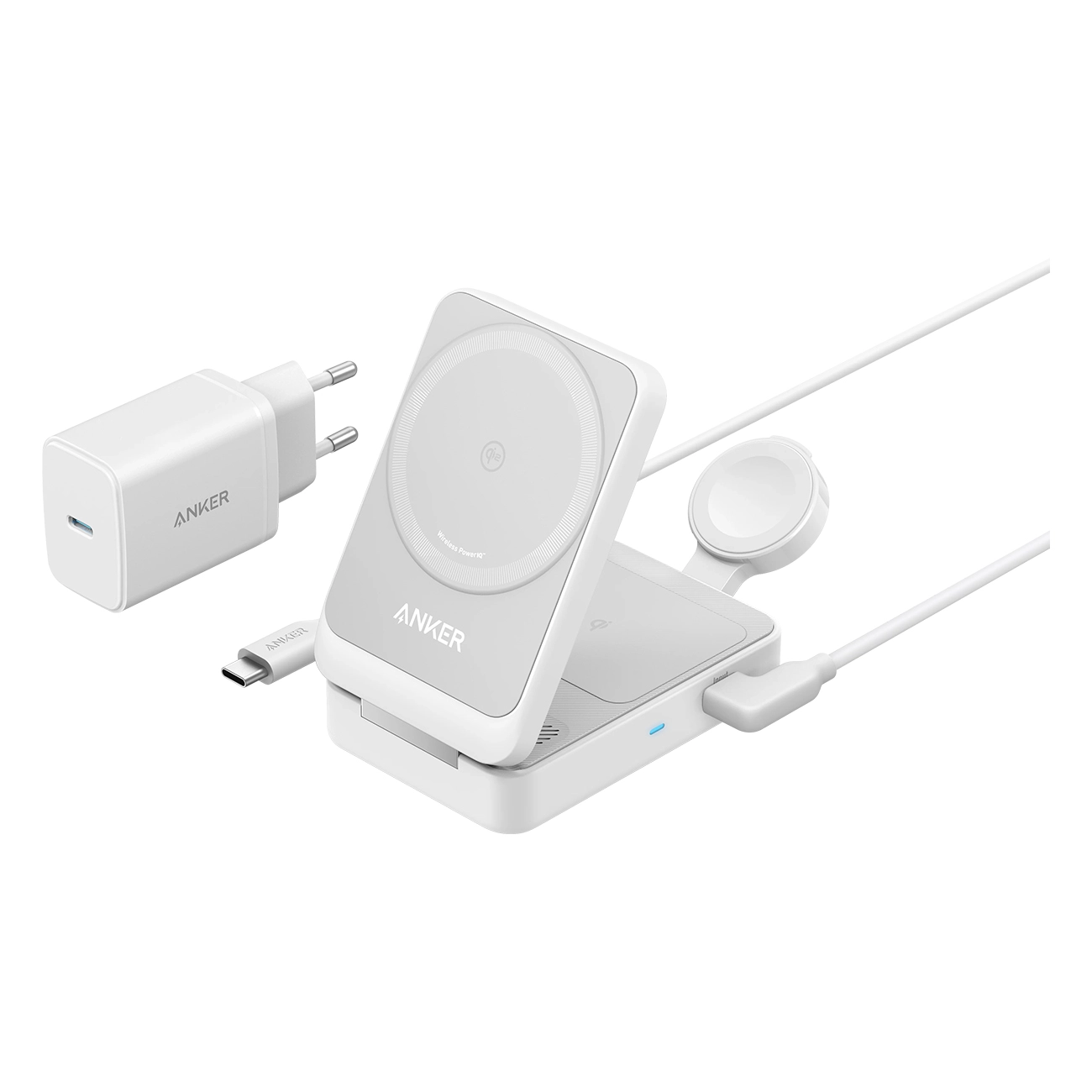 Anker MagGo 3-in-1 weiß | Ladestation | kabelloses Aufladen | Qi2-Technologie | 15W Ladepower | faltbar | kompatibel mit Apple