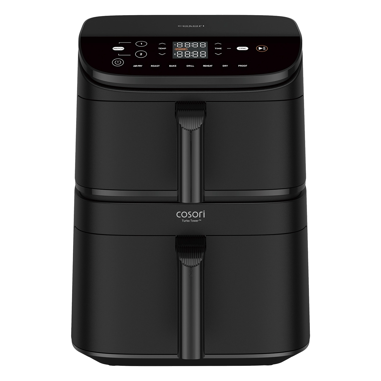 Cosori Turbo Tower CAF-DC121-ADER schwarz | Heißluftfritteuse | Platzsparendes Design | 10.8 L Fassungsvermögen | 3-Lagen-Kochen | 7 Funktionen