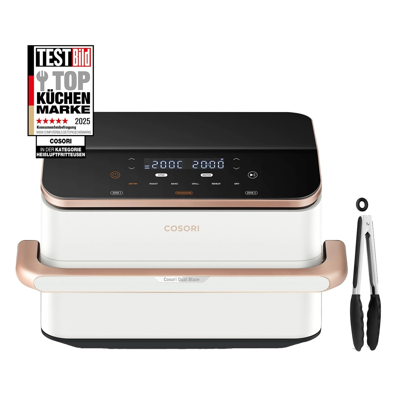 Cosori DualBlaze TwinFry weiß | Heißluftfritteuse | 10L Fassungsvermögen (2 x 5L) | jeweils 2 Heizelemente oben und unten | Sync-Funktion | VeSync-App