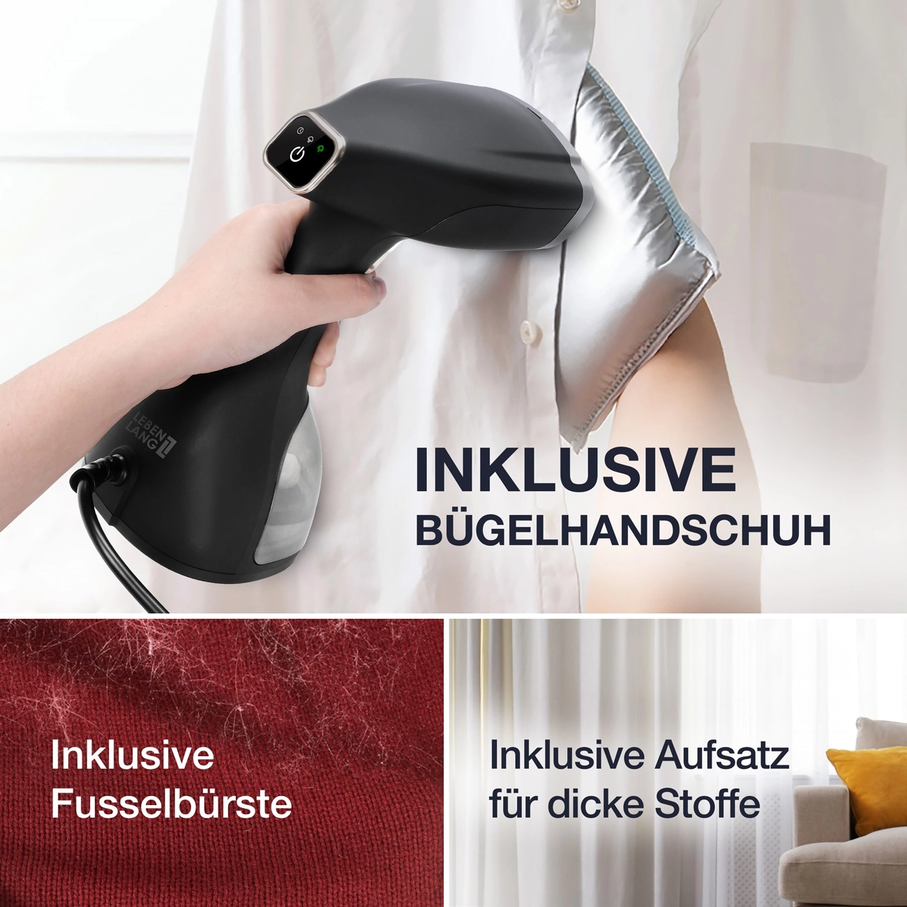 LebenLang LBD528S schwarz | Dampfglätter | 1500W Leistung | 280 ml Wassertank | Abschaltautomatik | Tropfschutz | materialschonend