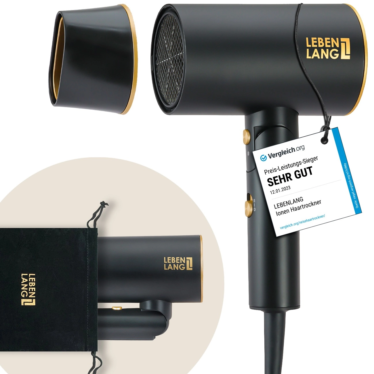 LebenLang LBH3088G schwarz | Haartrockner | klappbares Design | 2100W AC-Motor | Ionen-Technologie | 3 Temperatur- und 2 Gebläsestufen | Kaltlufttaste