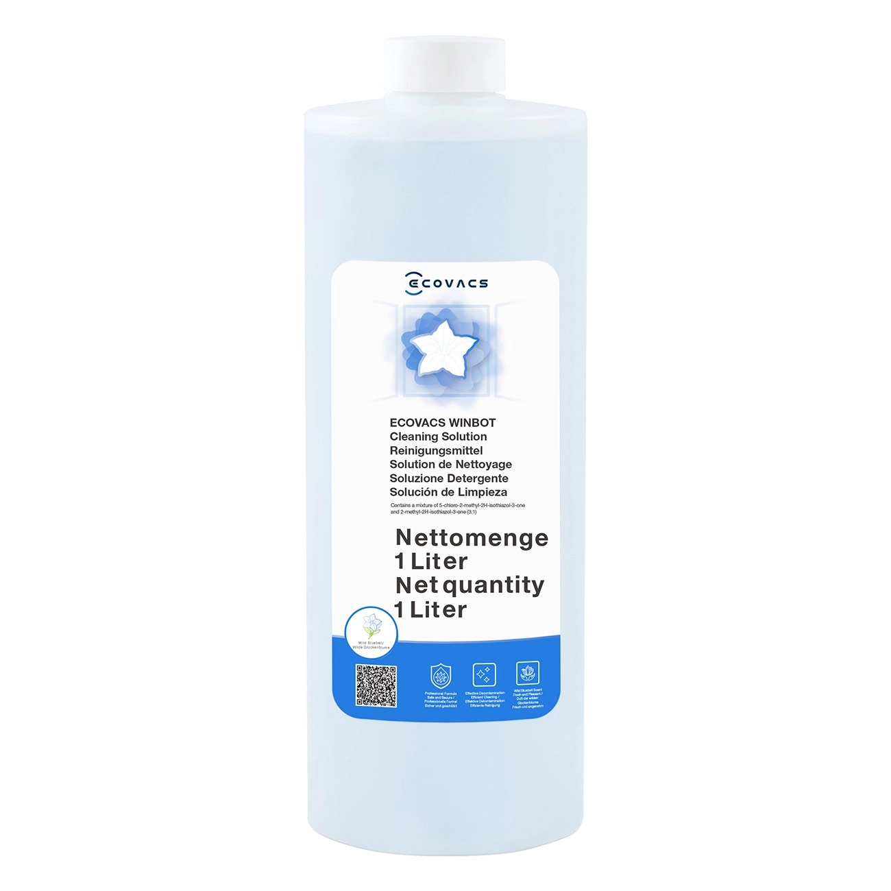 Ecovacs Reinigungslösung blau | 1 Liter | für alle Winbot Modelle | extrem korrosionsarm | nicht-schäumend | Glockenblumenduft | hinterlässt keine Wasserflecken