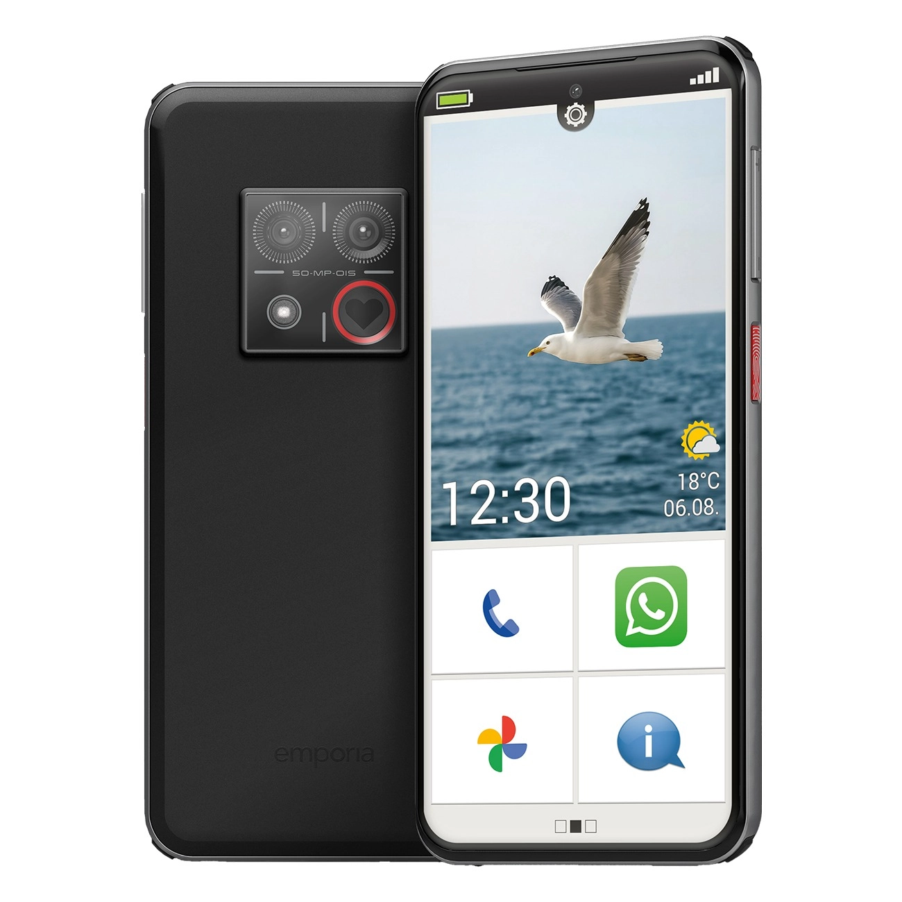 Emporia SMART.8 5G schwarz | Senioren-Smartphone | 6.36 Zoll OLED 120 Hz | physischer No-Panic Button | unterstützt Speicherkarten bis 512GB | Akku austauschbar