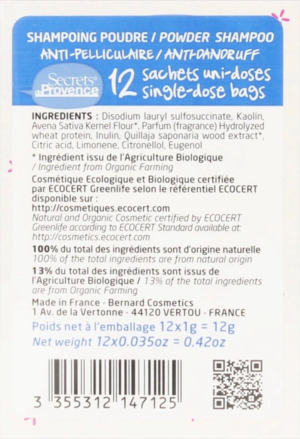 Secrets de Provence Shampoo-Pulver Bio Anti Schuppen - 12 g