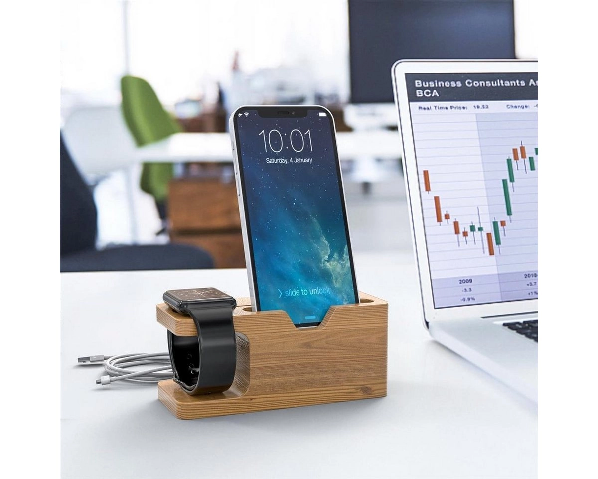 Cadorabo Docking Station - Ladestation aus Echtholz Bambus - Desktop Ständer für alle Smartphones und Smartwatches von z.B. Apple, Samsung, Nokia, Motorola